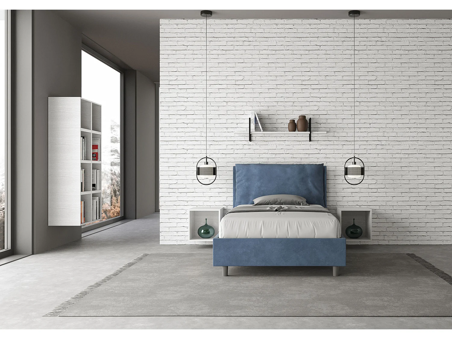 Lit 1 place et demi sans sommier rembourré 120x190 microfibre bleu Antea Large