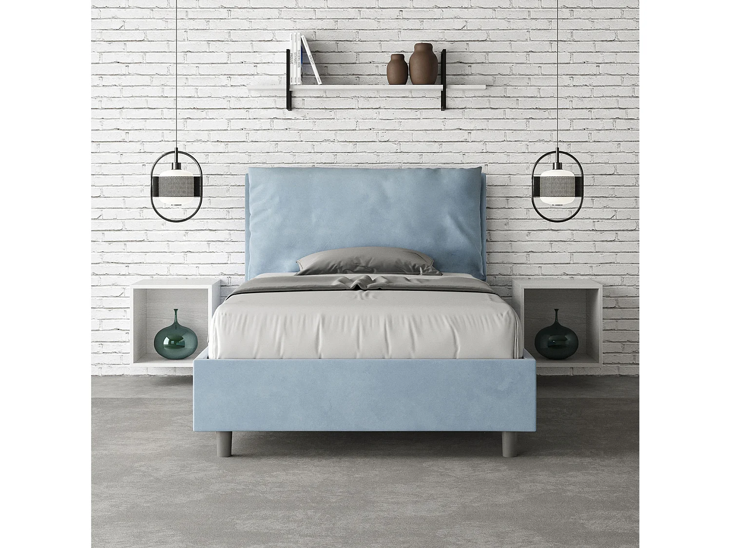 Cama de una plaza y medio  sin somier acolchada 120x200 microfibra azul claro Antea Large