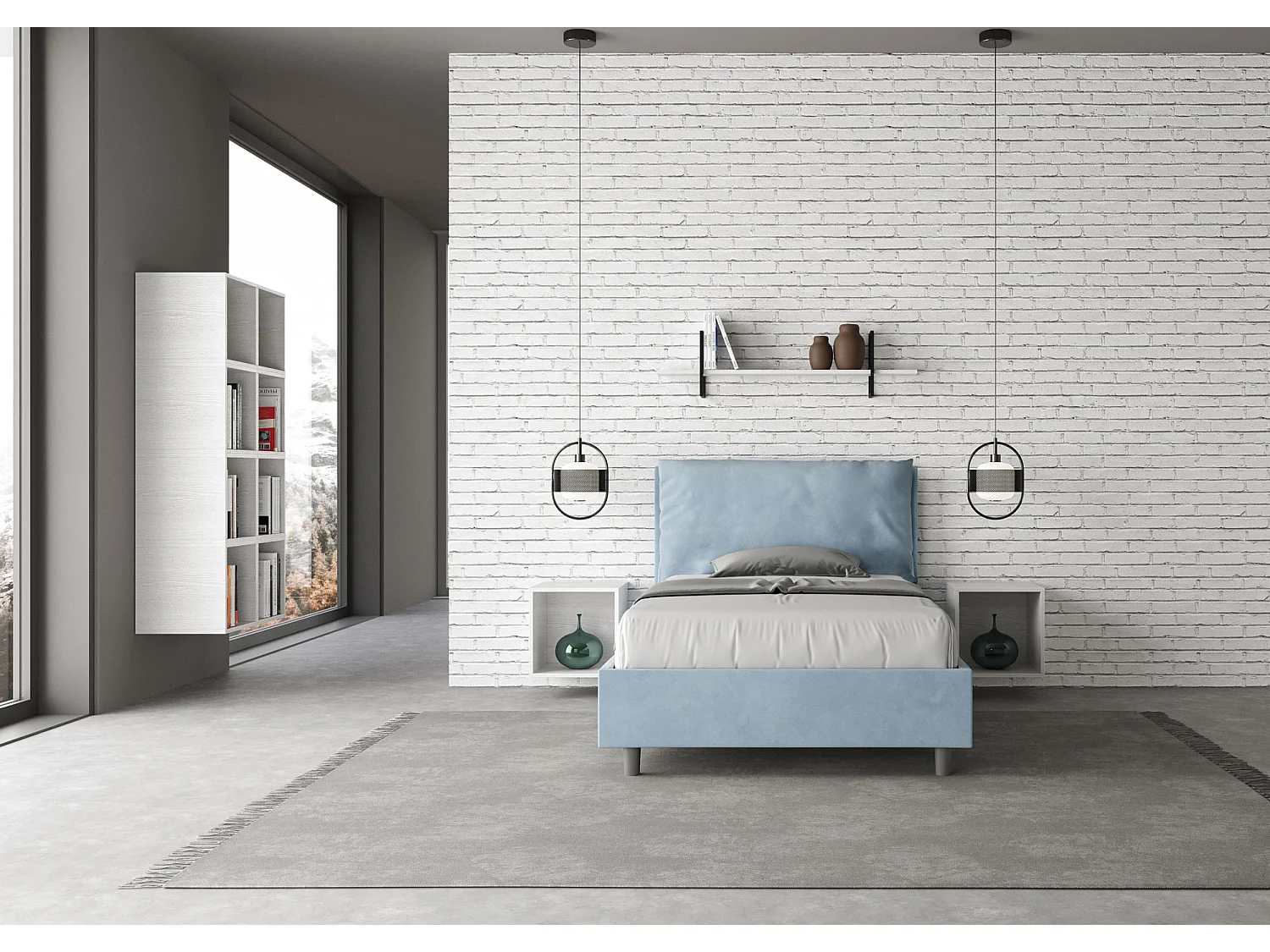Cama de una plaza y medio  sin somier acolchada 120x200 microfibra azul claro Antea Large