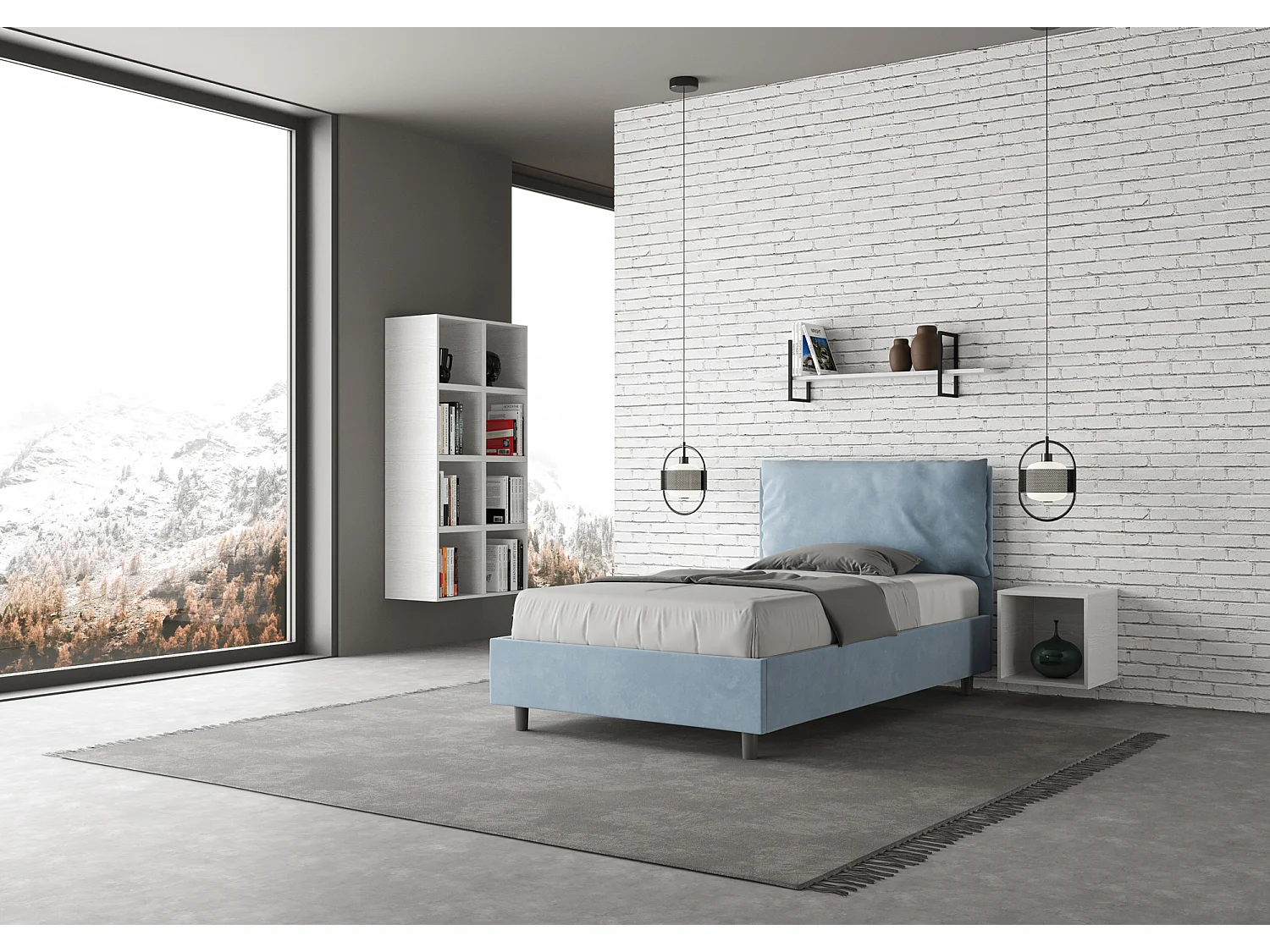 Cama de una plaza y medio  sin somier acolchada 120x200 microfibra azul claro Antea Large