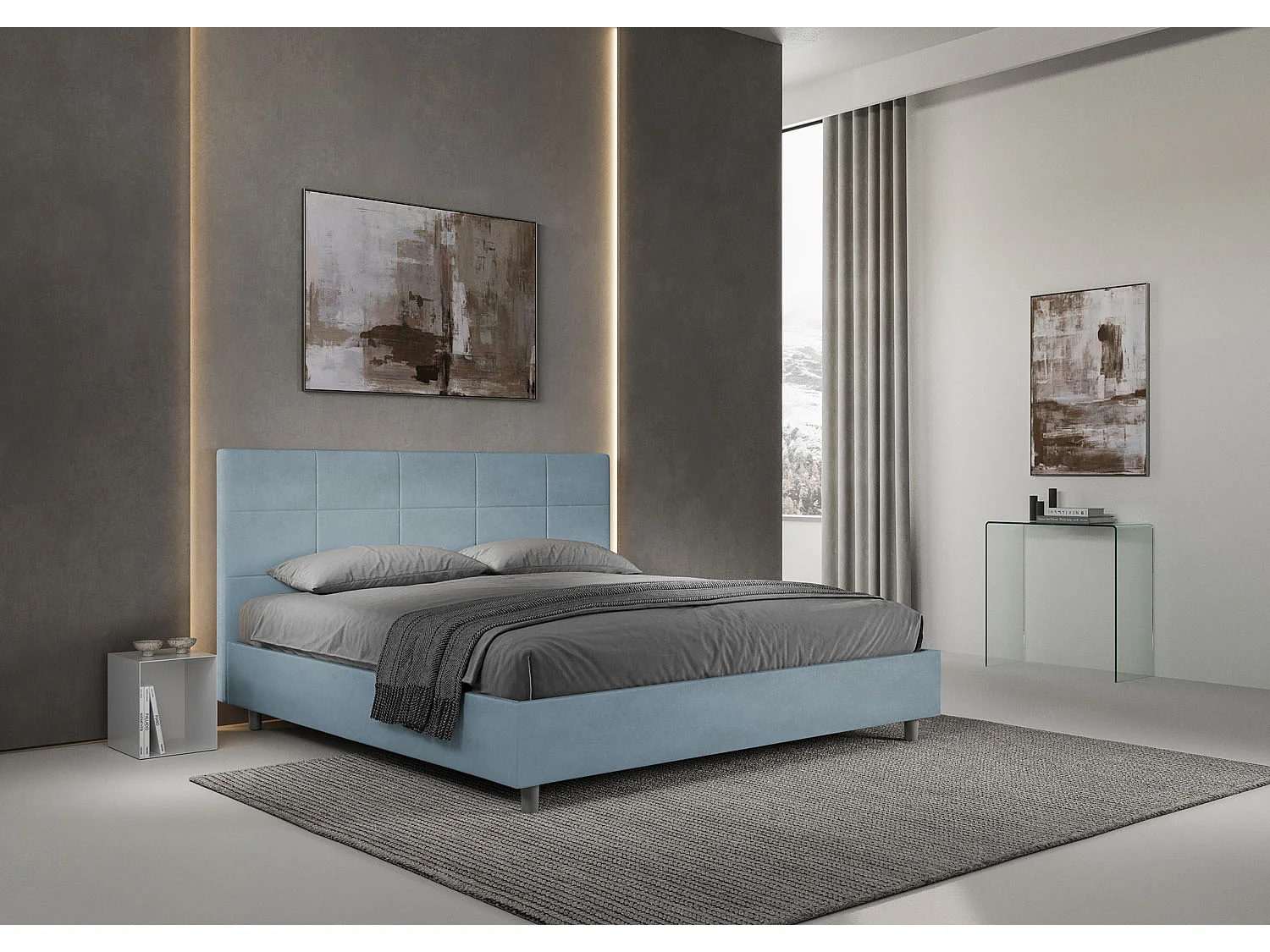 Lit king size avec sommier rembourré 180x190 microfibre bleu clair Mika
