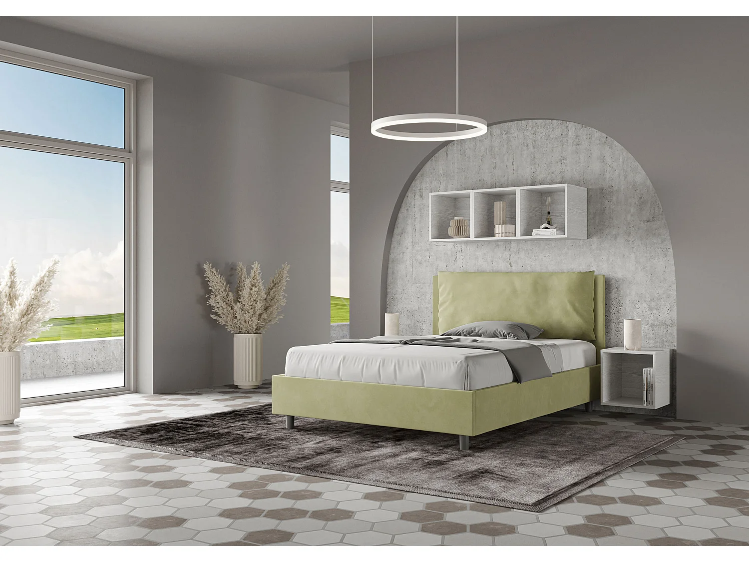 Lit double sans sommier rembourré 140x190 microfibre vert Antea Large