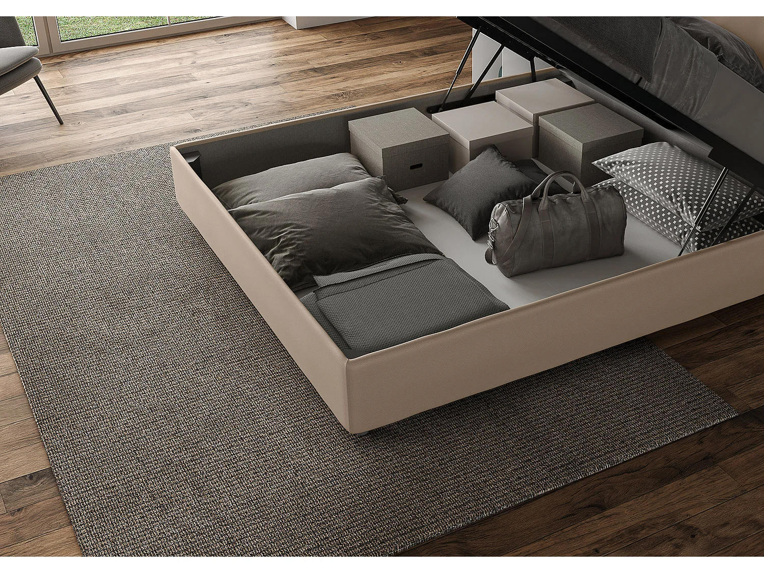 Lit coffre rembourré 160x200 similicuir taupe Langre