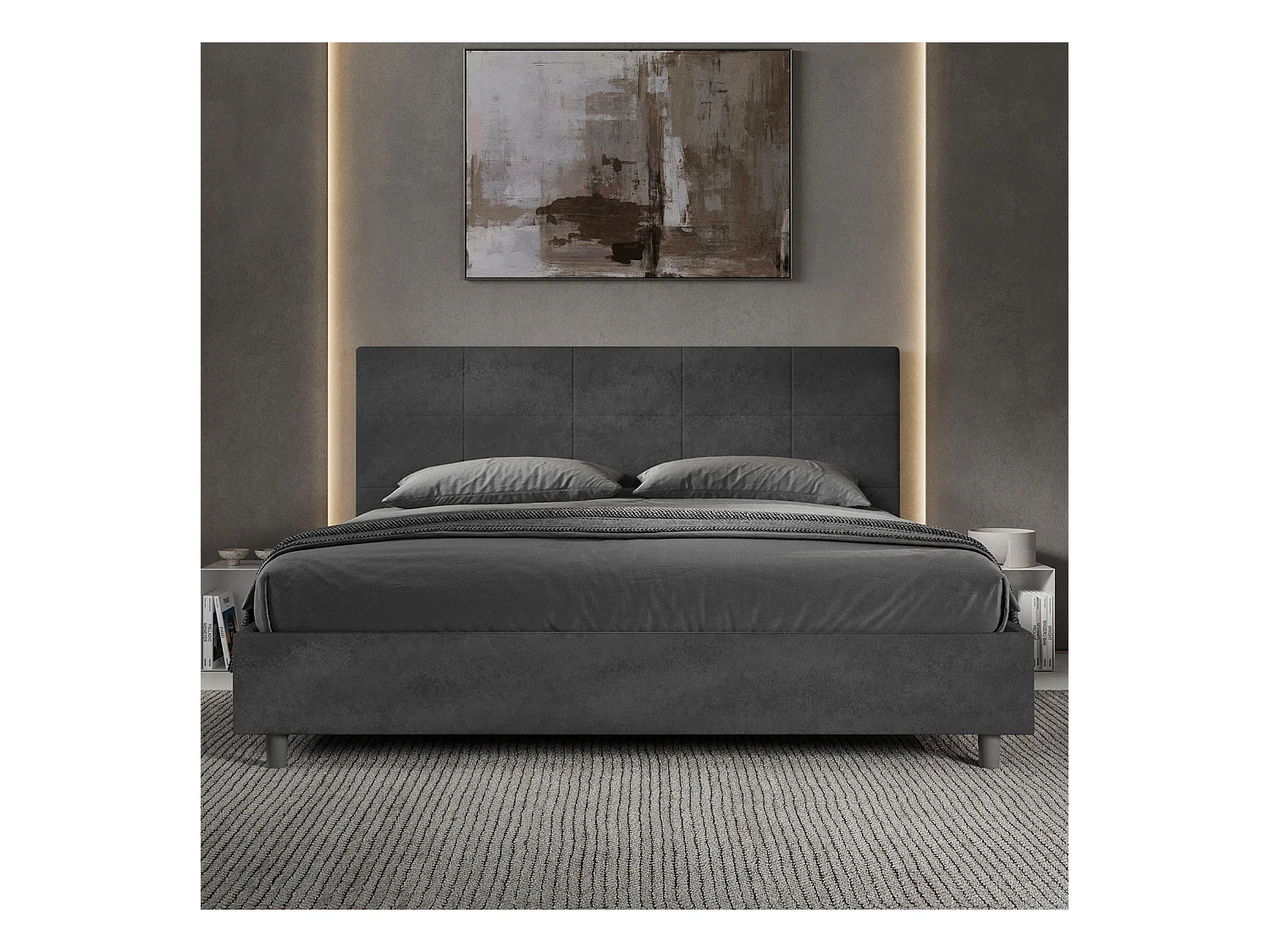 ityhome Letto matrimoniale king size con rete imbottito 180x210 microfibra grigio Mika