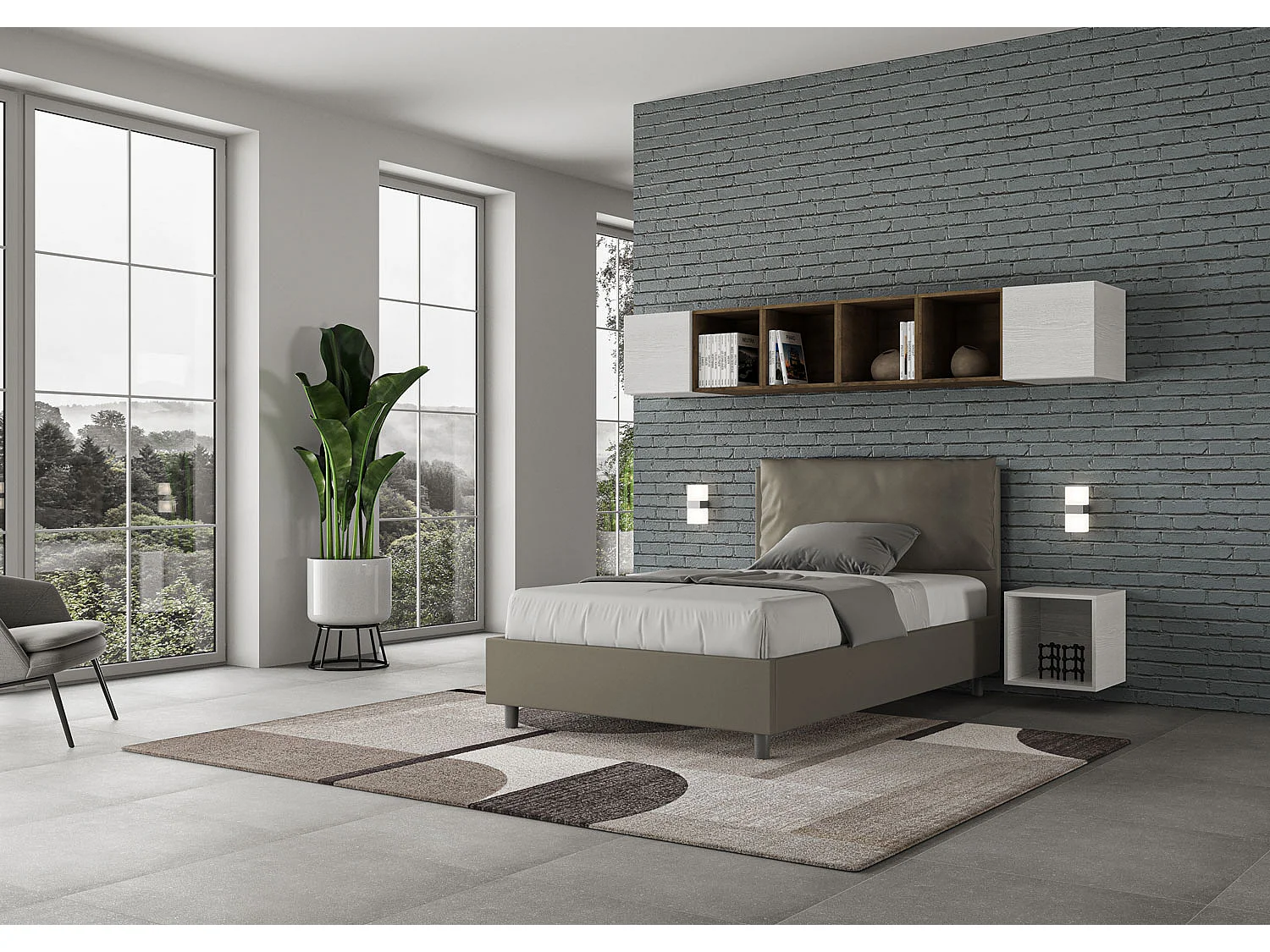 Lit 1 place et demi avec sommier rembourré 120x210 similicuir cappuccino Antea Large