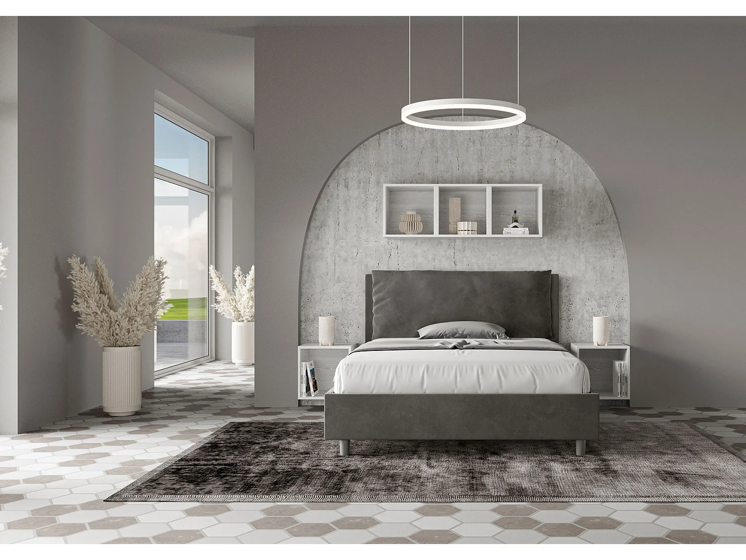 Letto matrimoniale francese con rete imbottito 140x200 microfibra grigio Antea Large