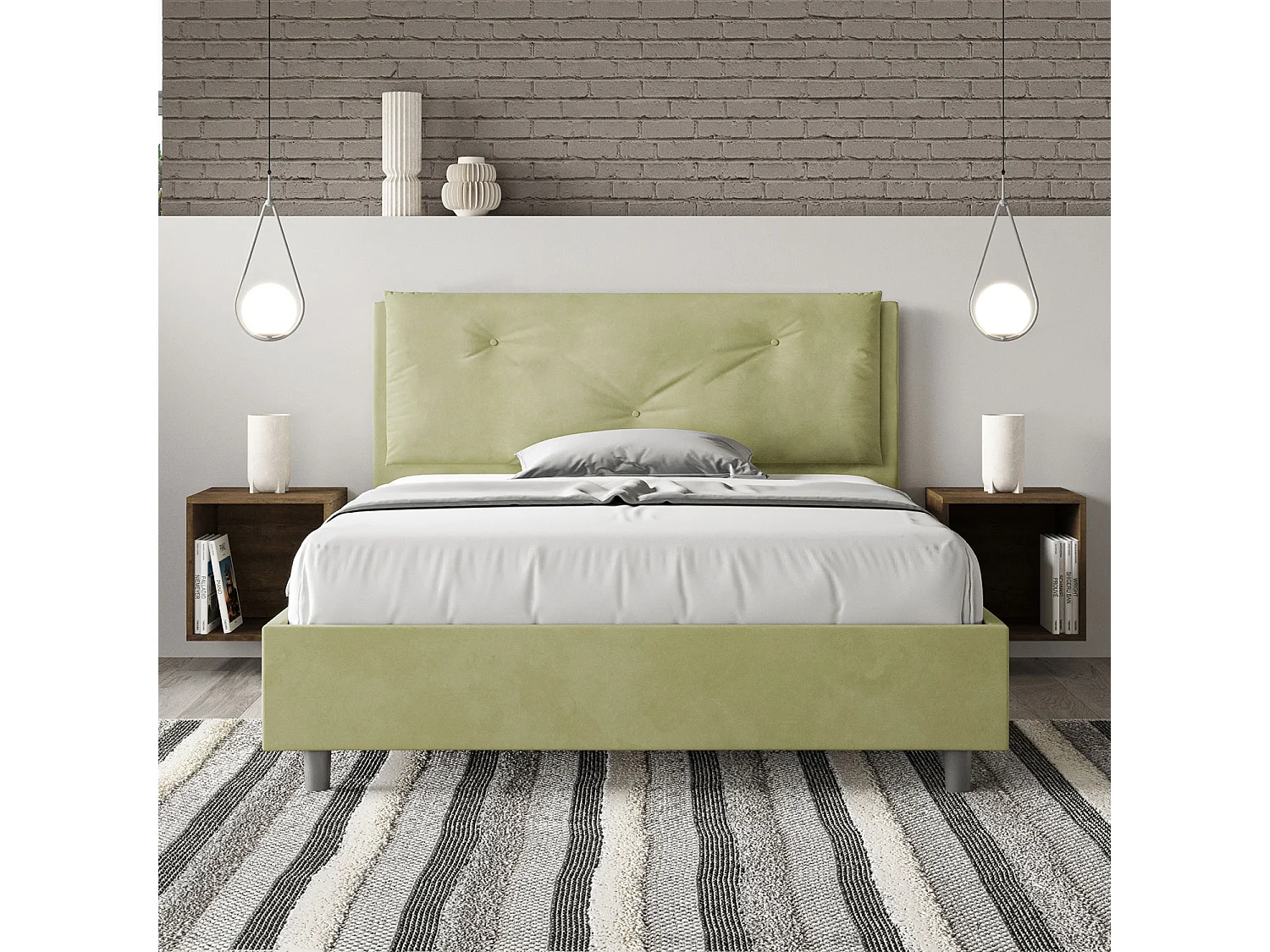 Lit double sans sommier rembourré 140x210 microfibre vert Appia Large