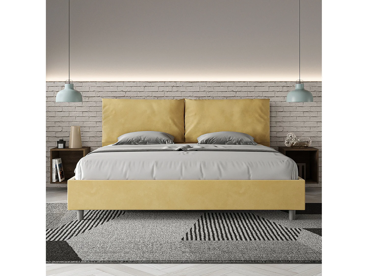 Cama de casal super king size con estrado estofada 200x210 microfibra ocre Antea Large