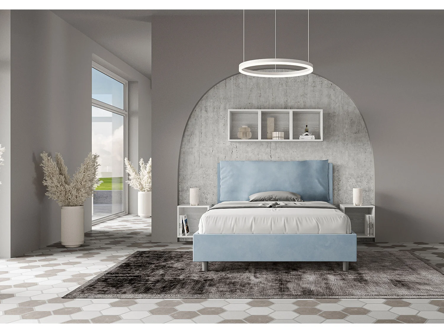 Letto matrimoniale francese senza rete imbottito 140x190 microfibra azzurro Antea Large