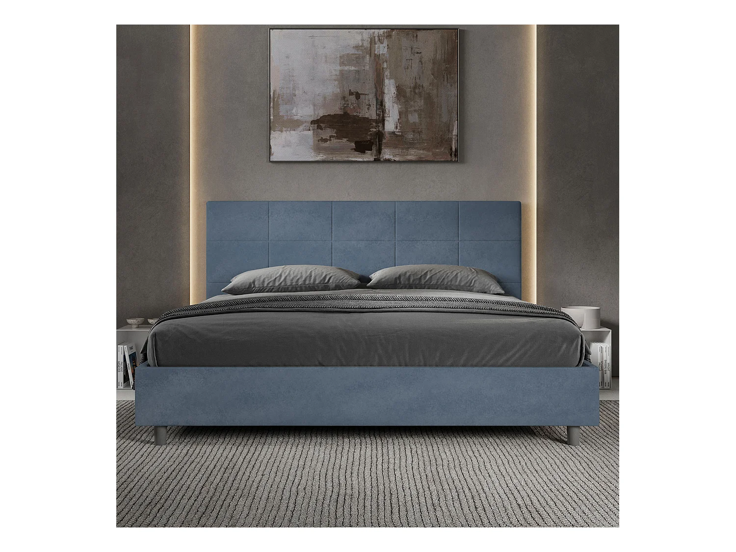 Lit king size sans sommier rembourré 200x210 microfibre bleu Mika