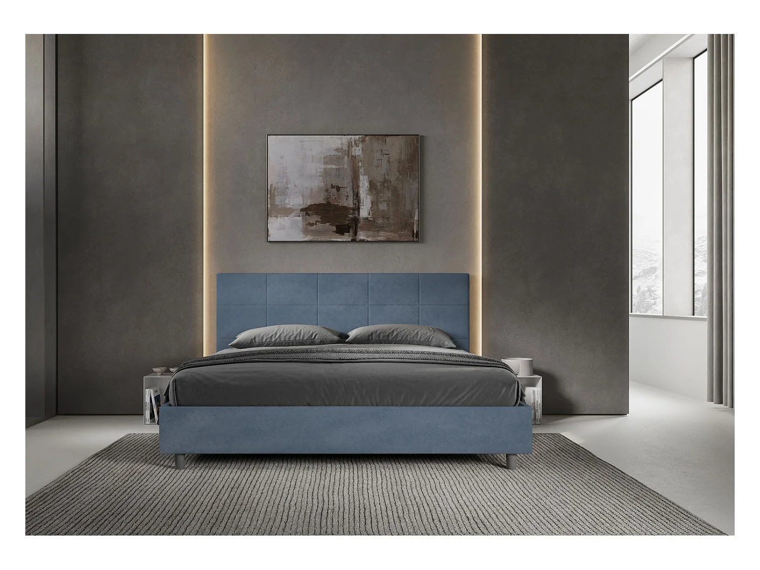 Lit king size sans sommier rembourré 200x210 microfibre bleu Mika