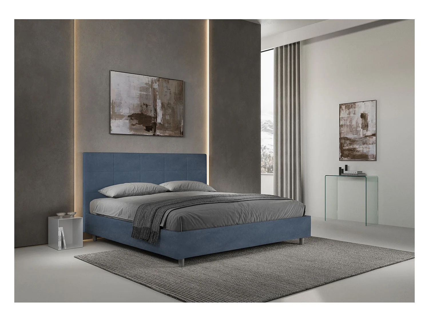 Lit king size sans sommier rembourré 200x210 microfibre bleu Mika