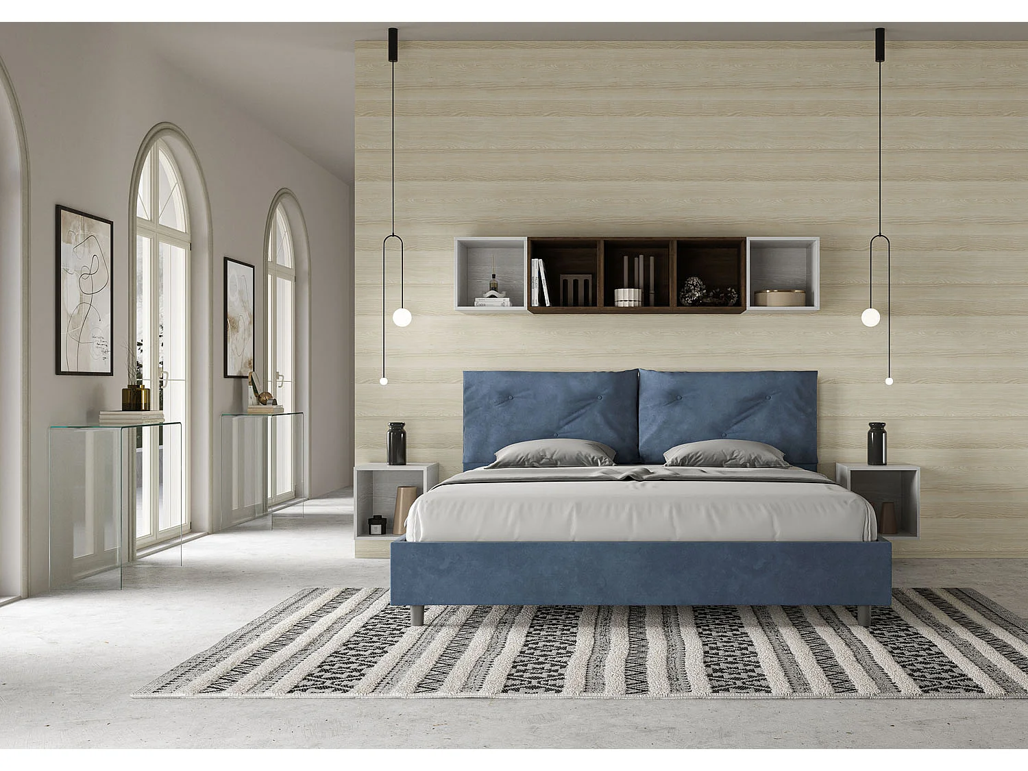 Lit king size sans sommier rembourré 200x200 microfibre bleu Appia Large