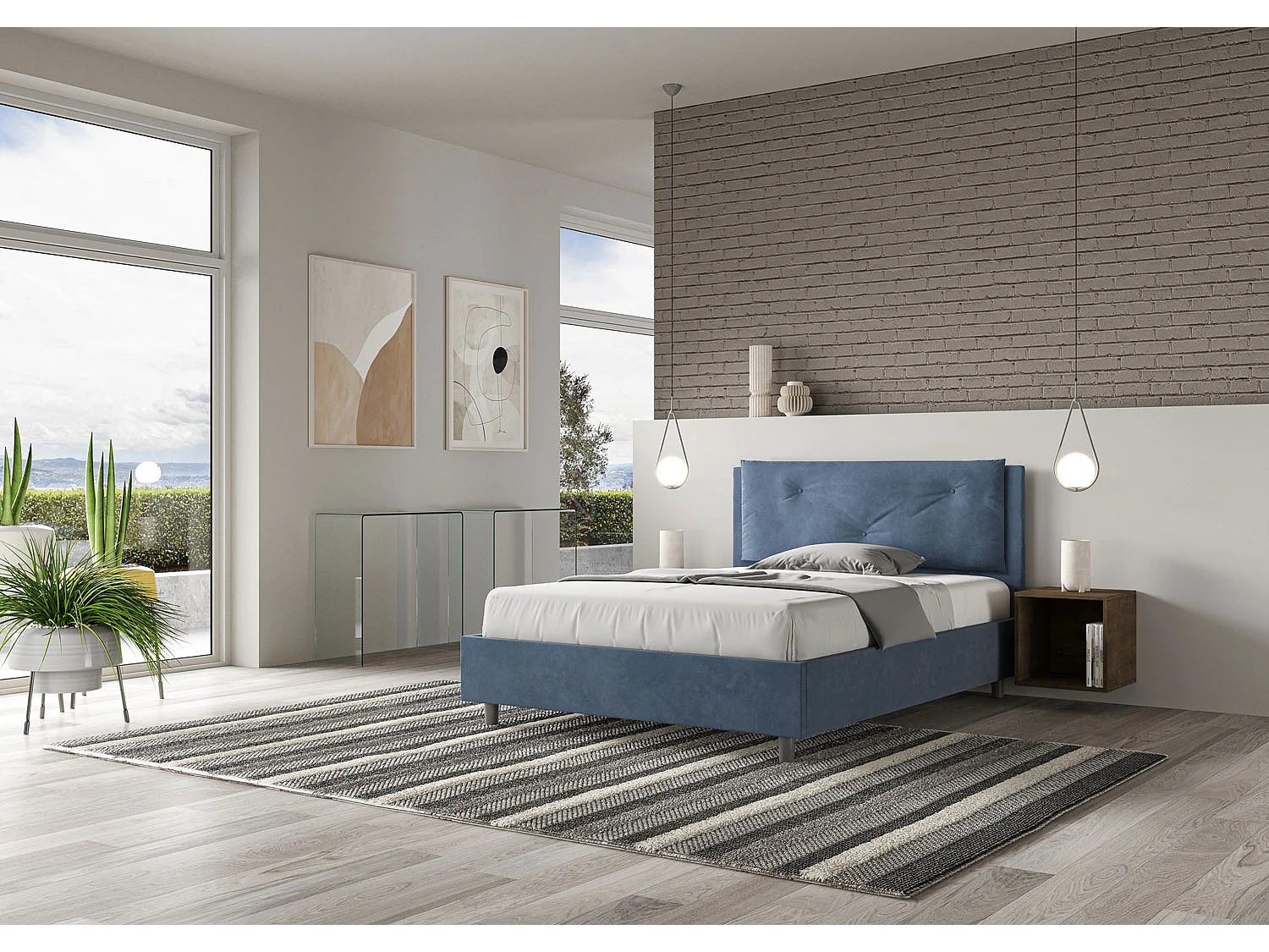 Gepolstertes Bett mit Lattenrost 140x200 mit Mikrofaserbezug Blau Appia Large