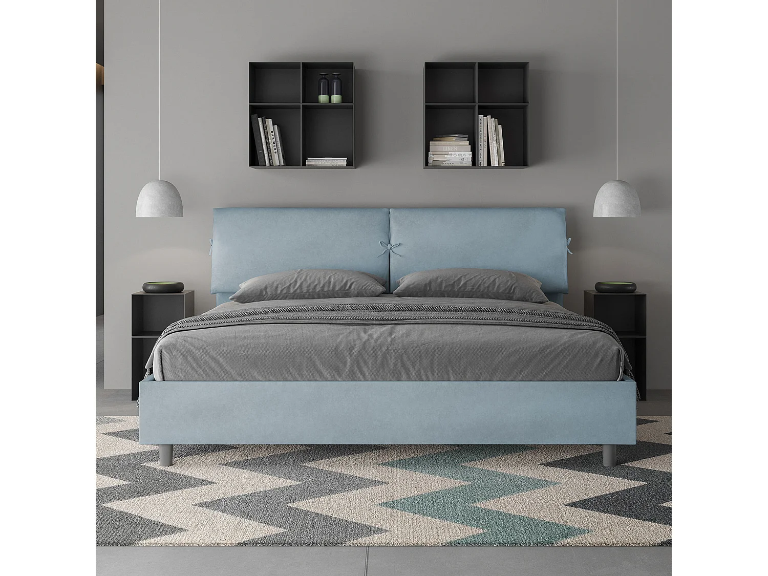 Letto matrimoniale king size senza rete imbottito 180x210 microfibra azzurro Mados
