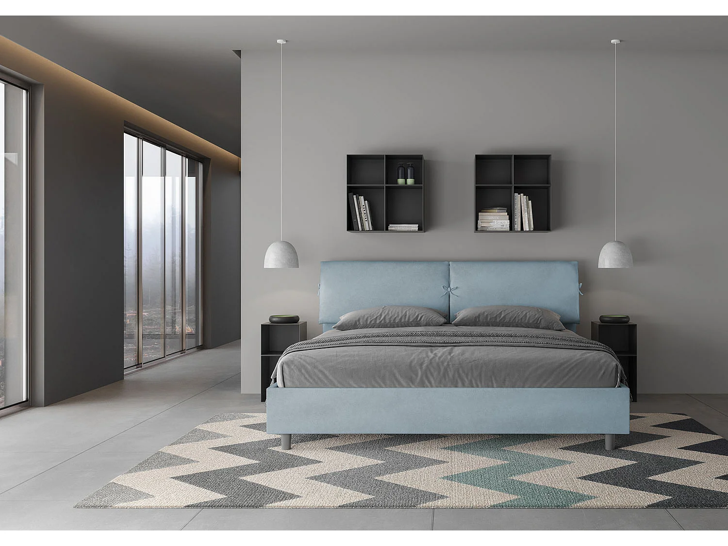 Letto matrimoniale king size senza rete imbottito 180x210 microfibra azzurro Mados
