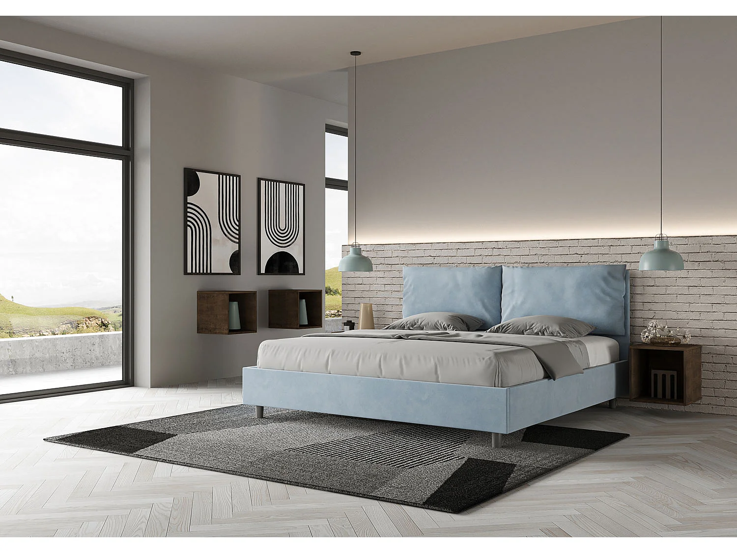 Gepolstertes Bett mit Lattenrost 200x210 mit Mikrofaserbezug Himmelblau Antea Large