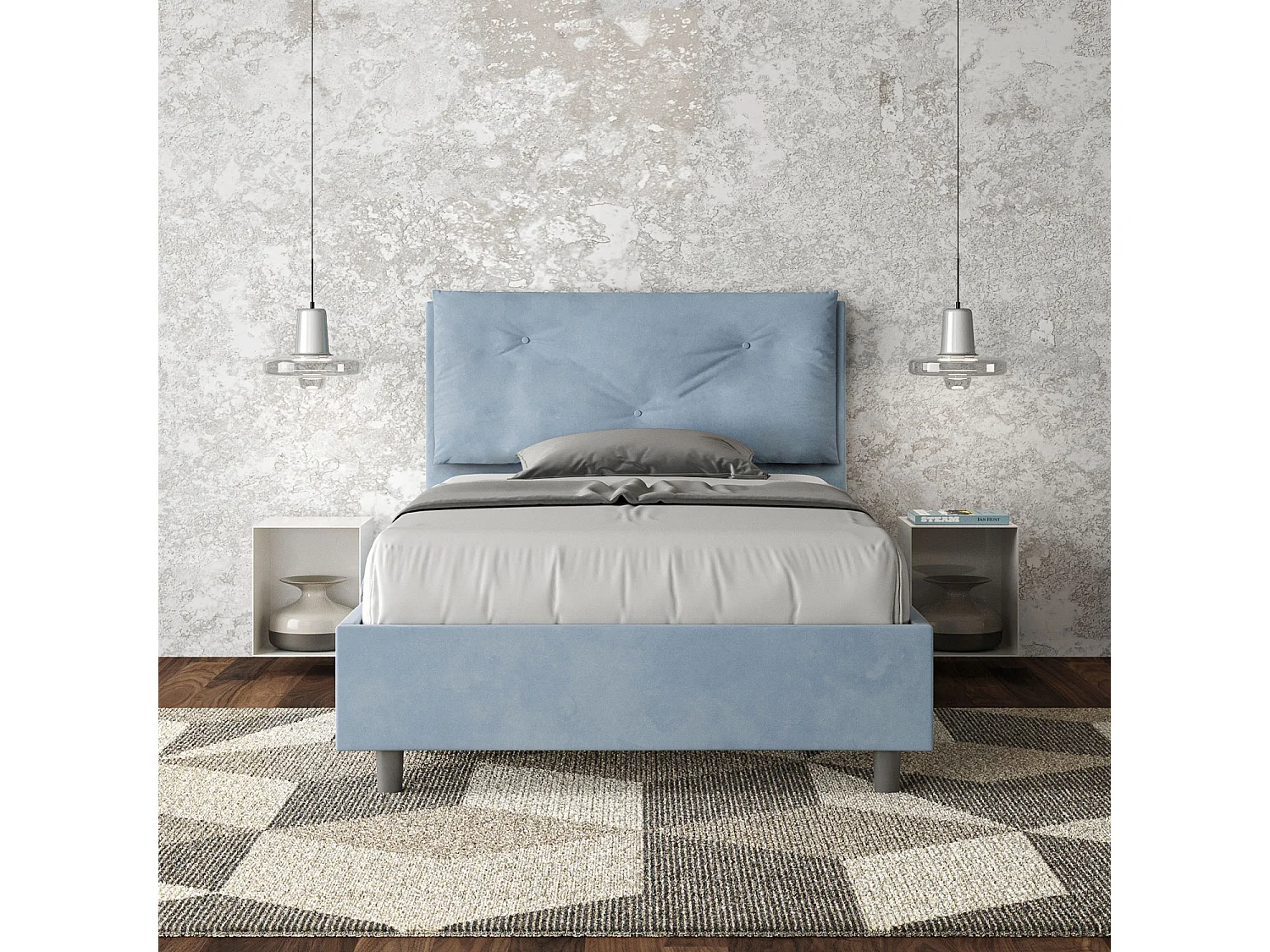 Cama de una plaza y medio con somier acolchada 120x190 microfibra azul claro Appia Large