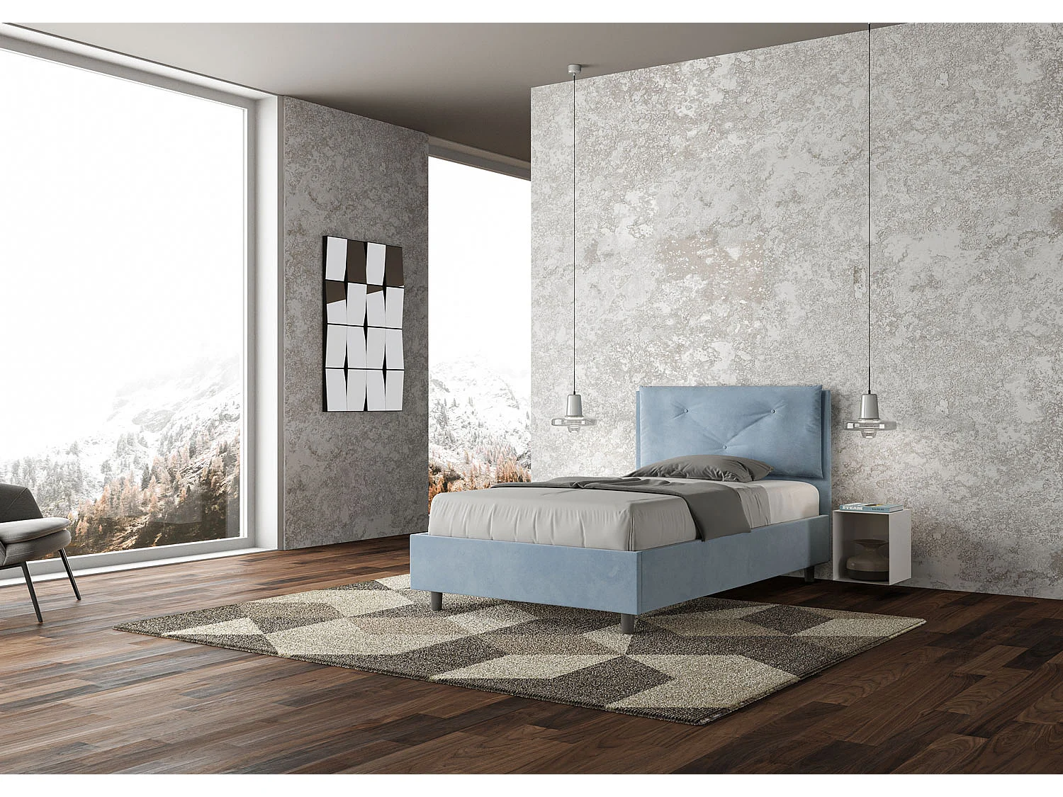 Cama de una plaza y medio con somier acolchada 120x190 microfibra azul claro Appia Large