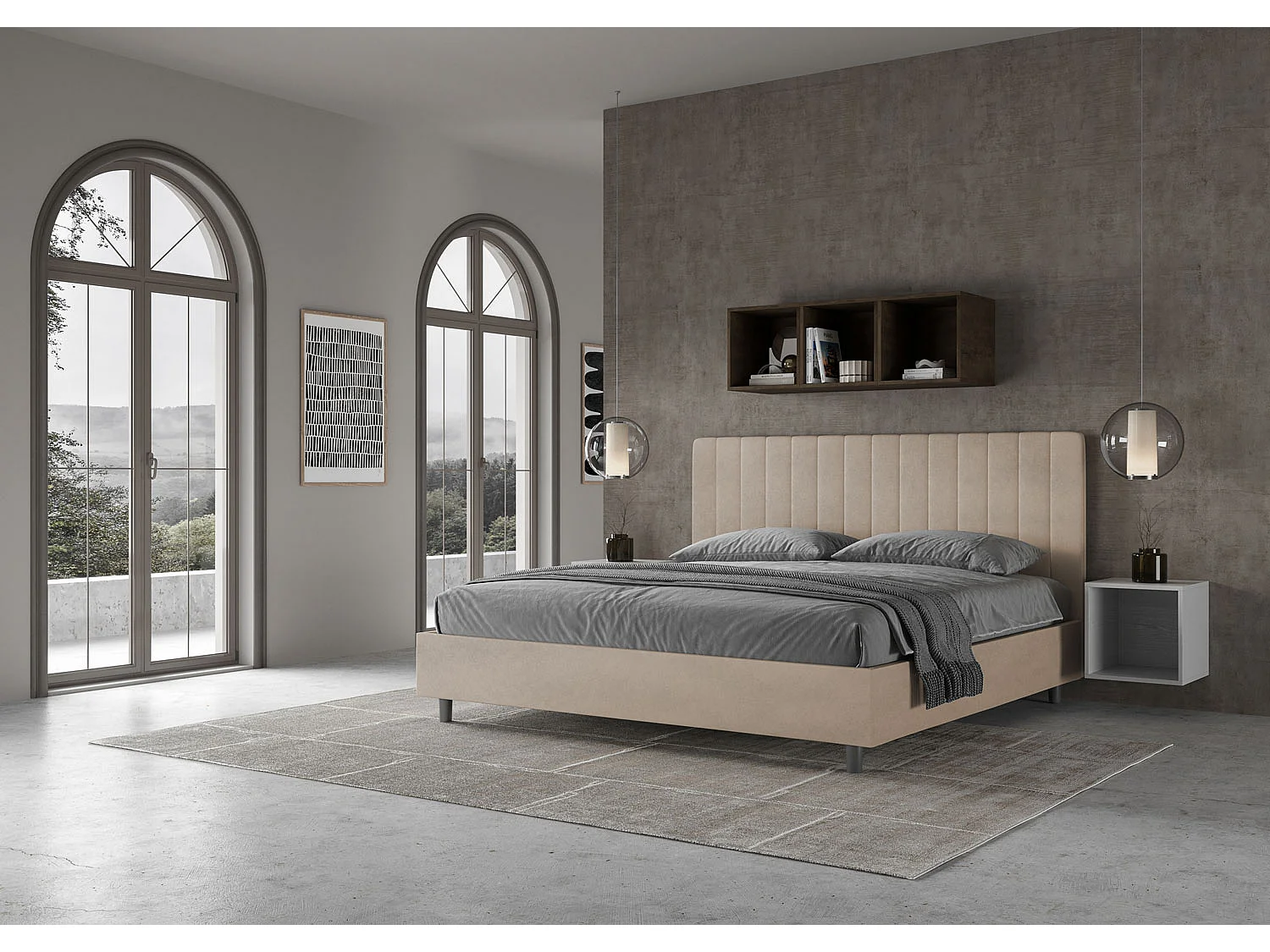 Lit king size sans sommier rembourré 180x190 microfibre sable Agueda