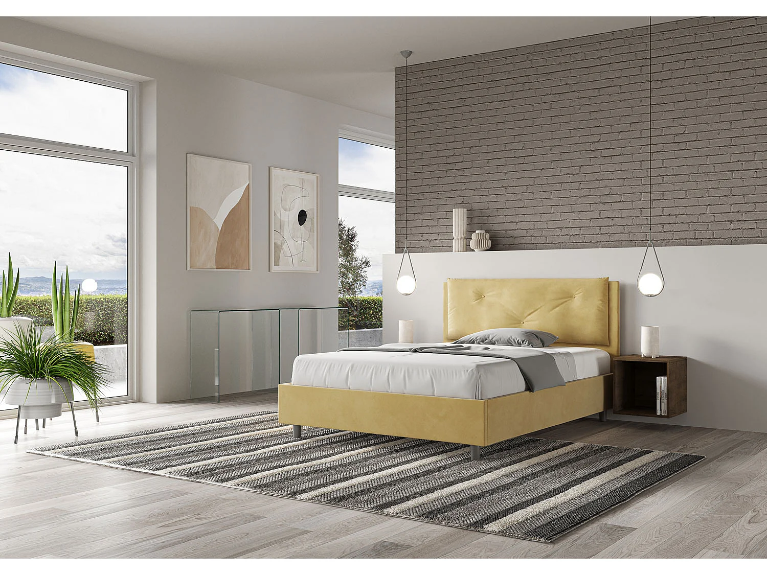 Letto matrimoniale francese con rete imbottito 140x190 microfibra ocra Appia Large