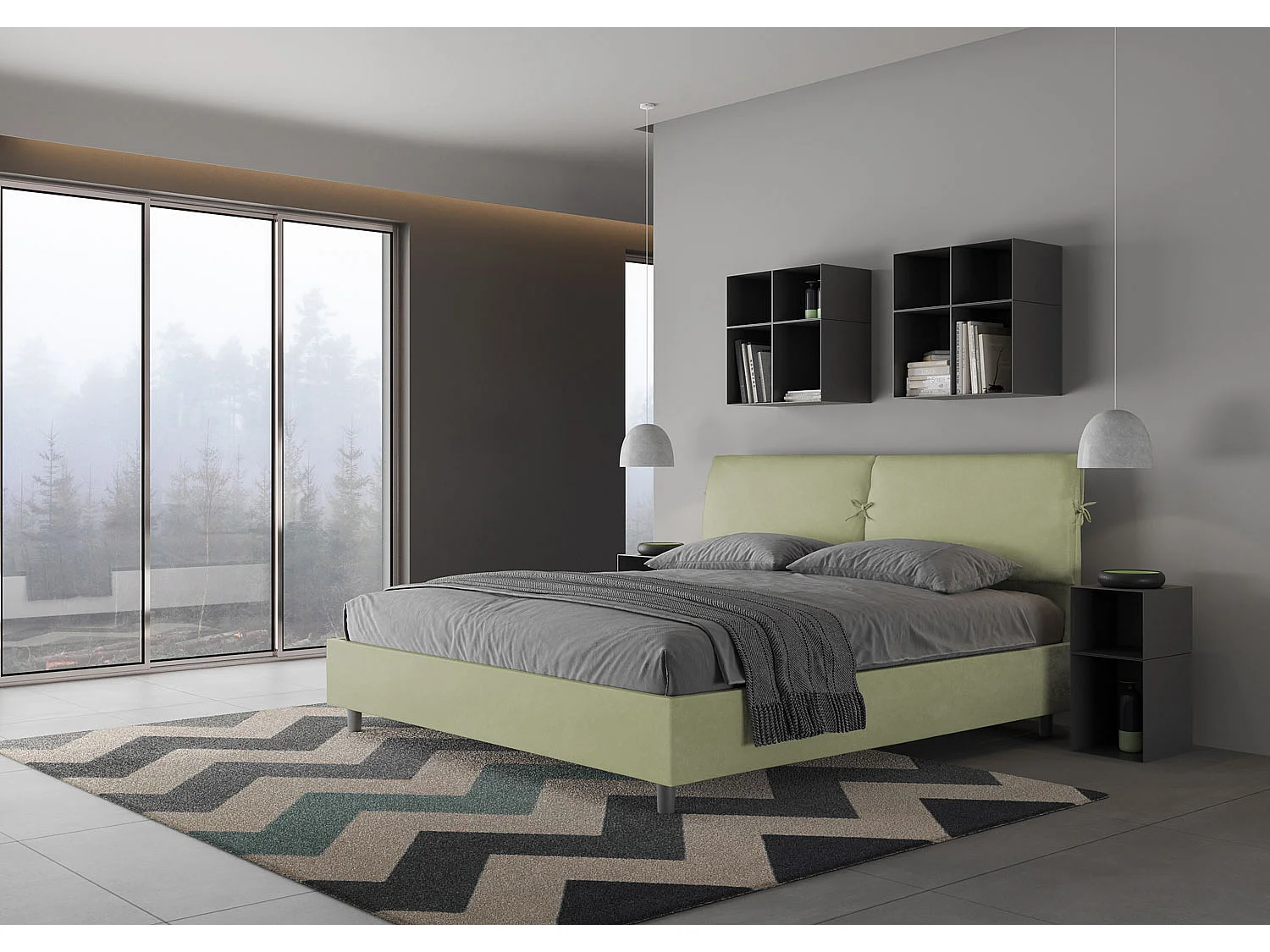 Lit king size sans sommier rembourré 180x200 microfibre vert Mados