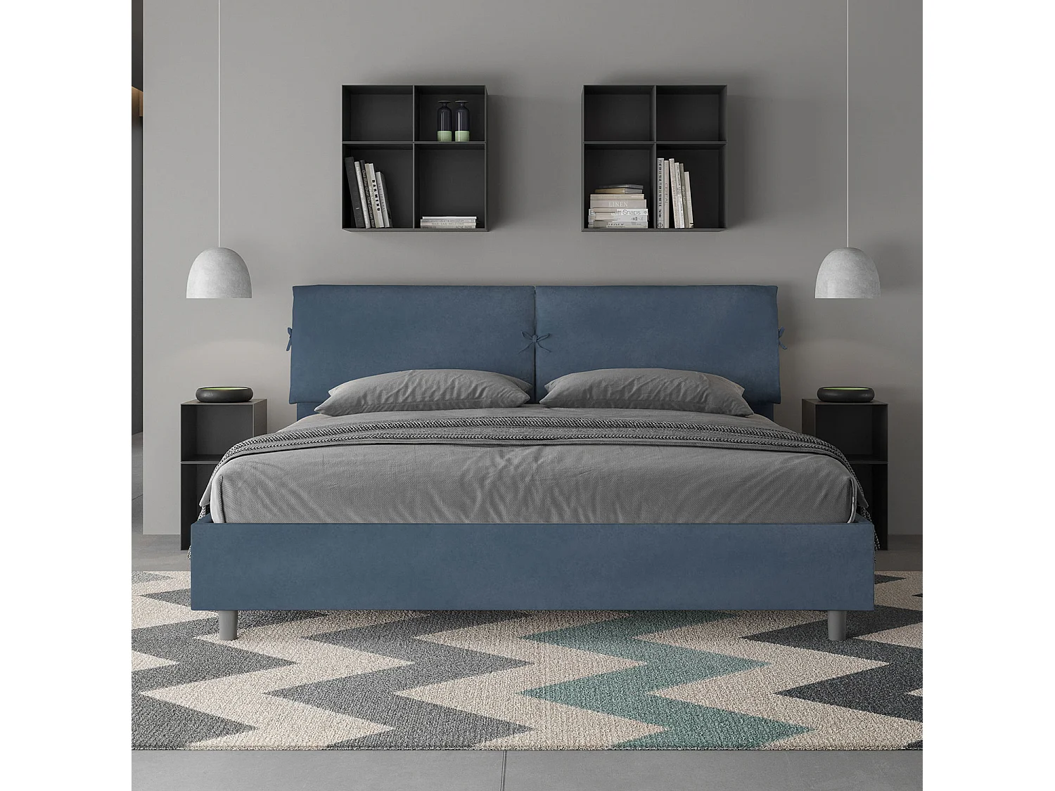 Lit king size sans sommier rembourré 180x210 microfibre bleu Mados