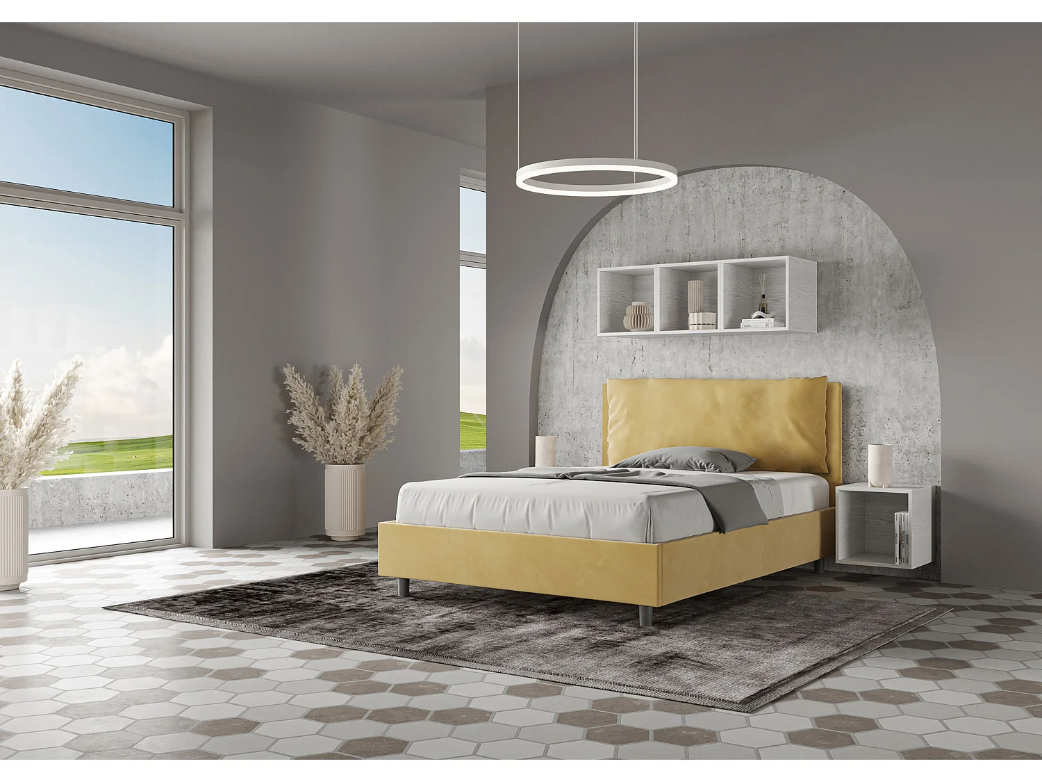 Lit double avec sommier rembourré 140x190 microfibre ocre Antea Large