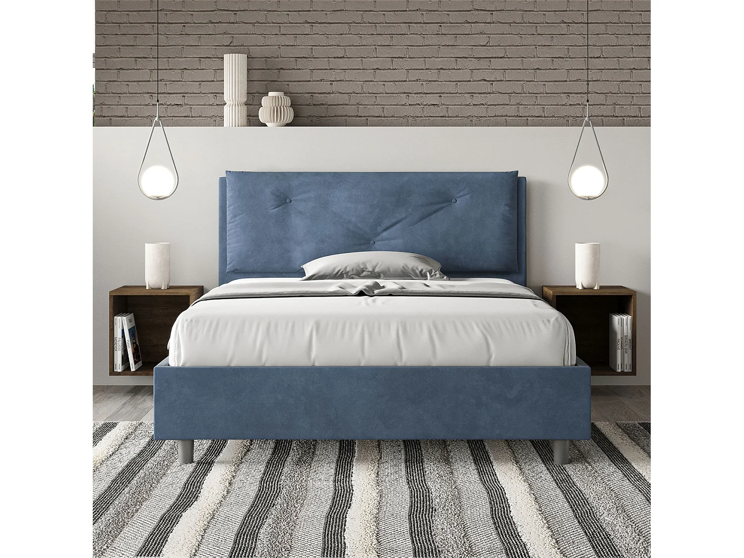 Cama doble con somier acolchada 140x190 microfibra azul Appia Large