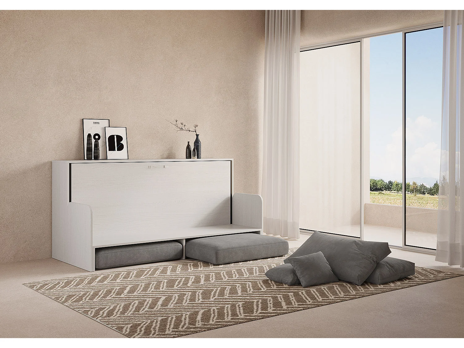 Cama de solteiro Kando com sofá e colchão de freixo branco, cinza