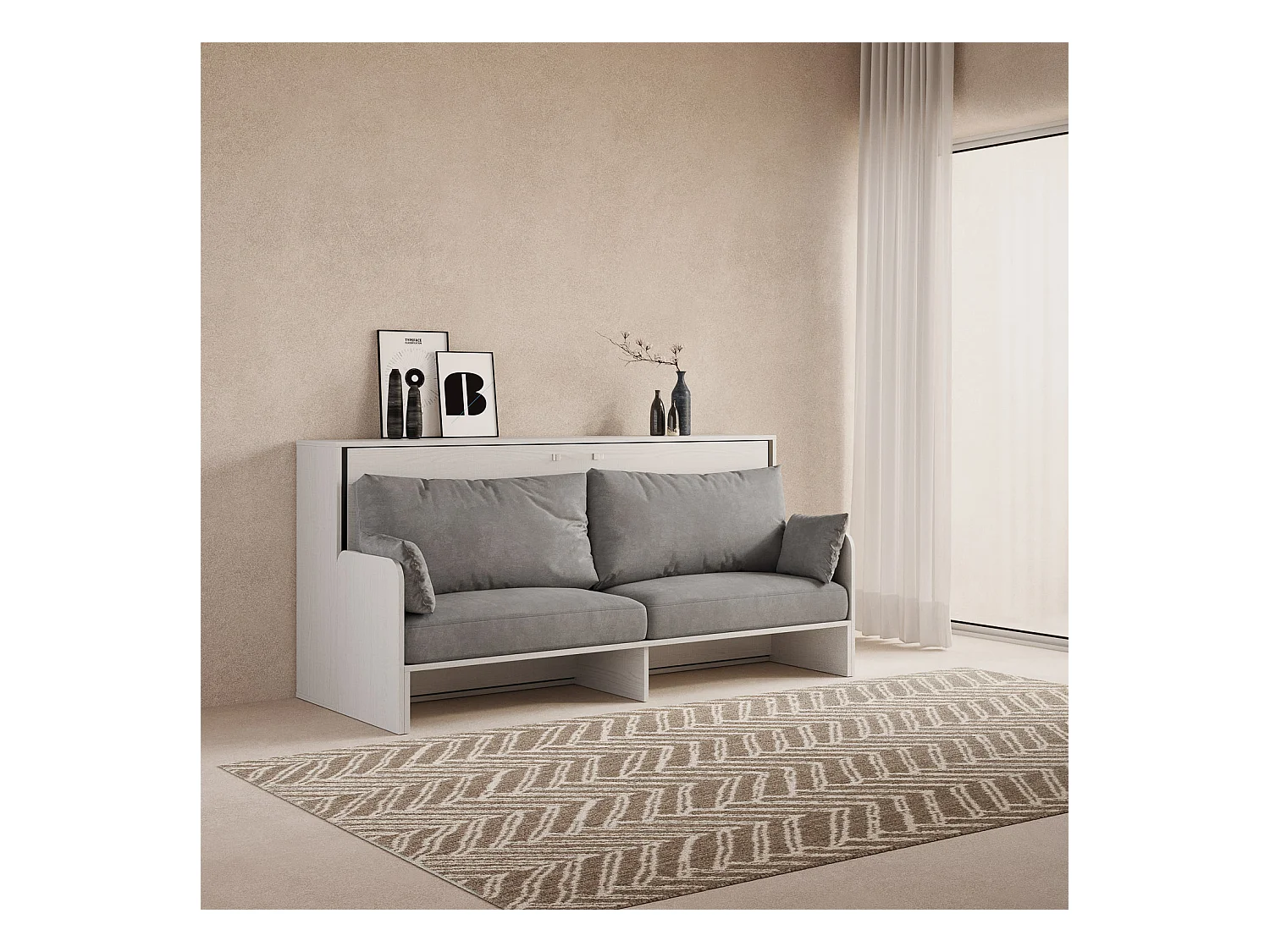 Armoire lit escamotable horizontal 1 couchage 85 Kando Sofa avec matelas Frêne Blanc -A20