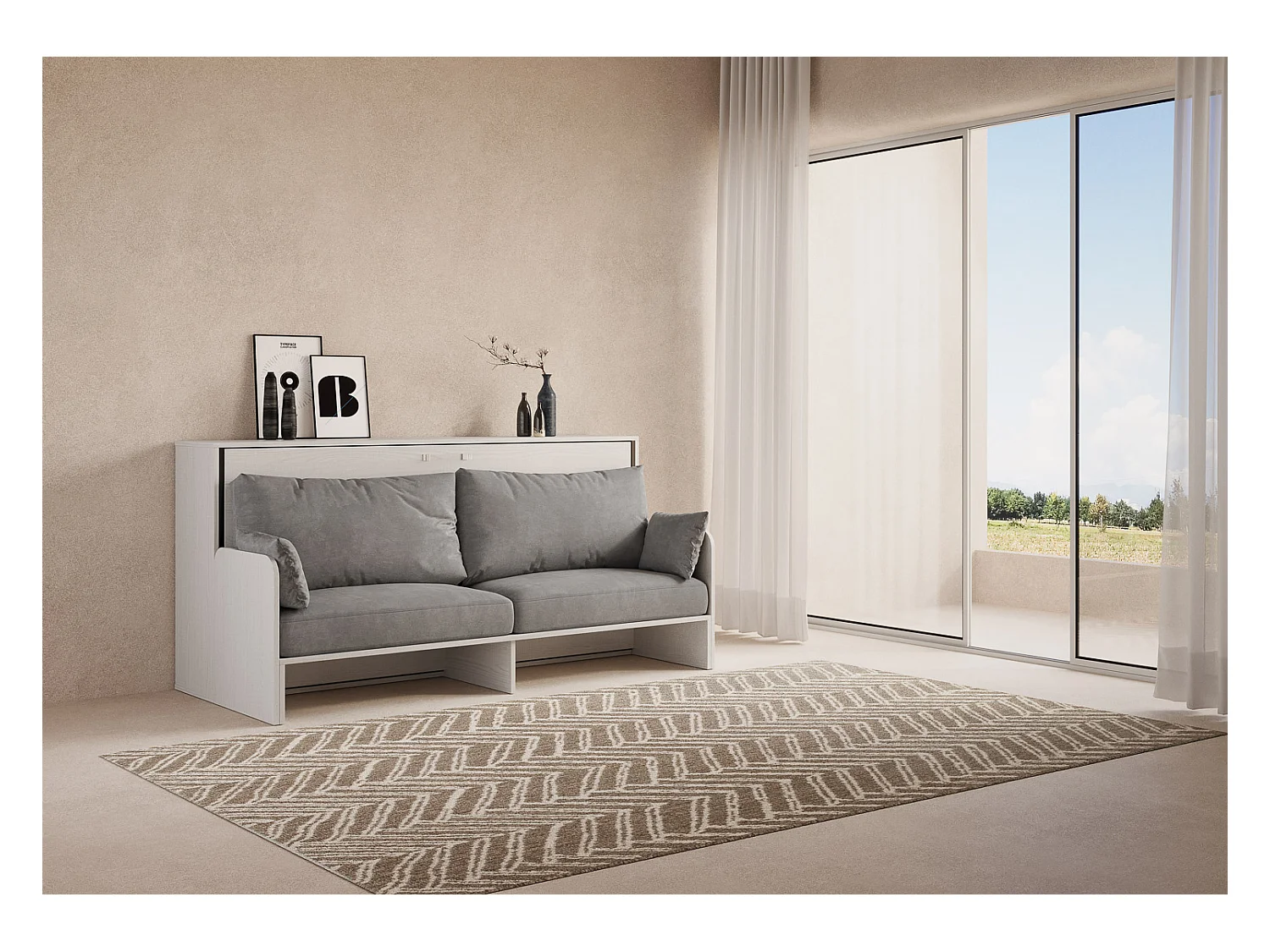Armoire lit escamotable horizontal 1 couchage 85 Kando Sofa avec matelas Frêne Blanc -A20