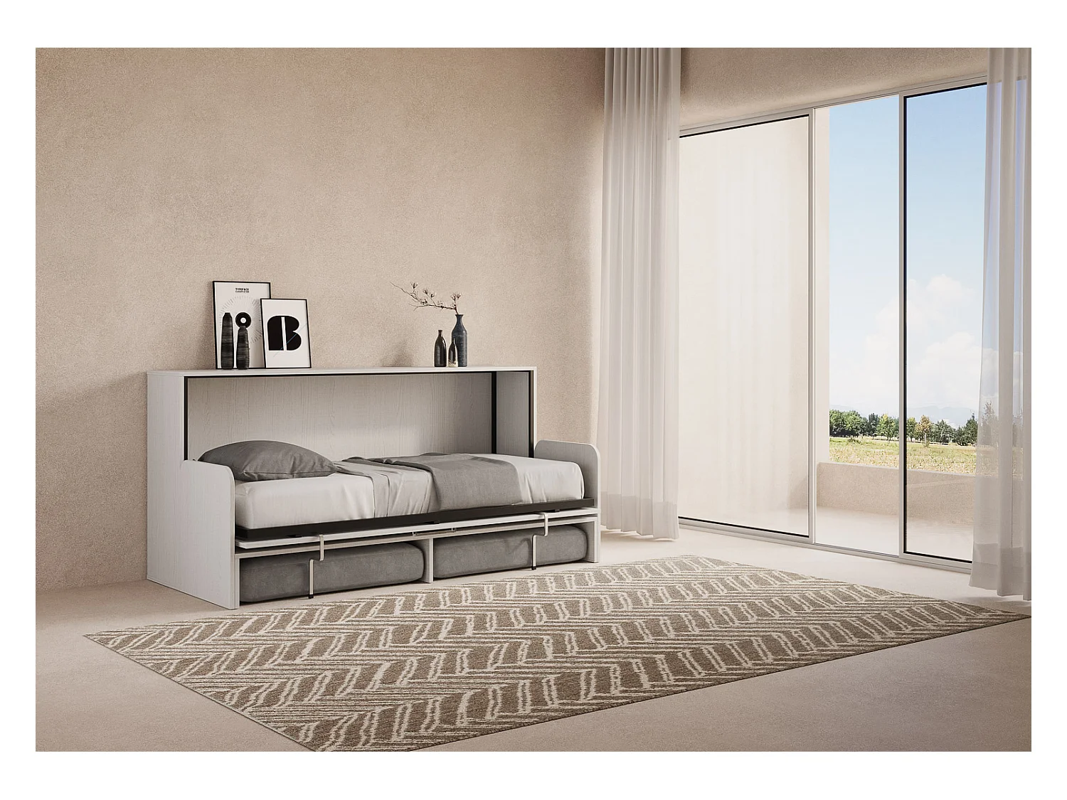 Armoire lit escamotable horizontal 1 couchage 85 Kando Sofa avec matelas Frêne Blanc -A20