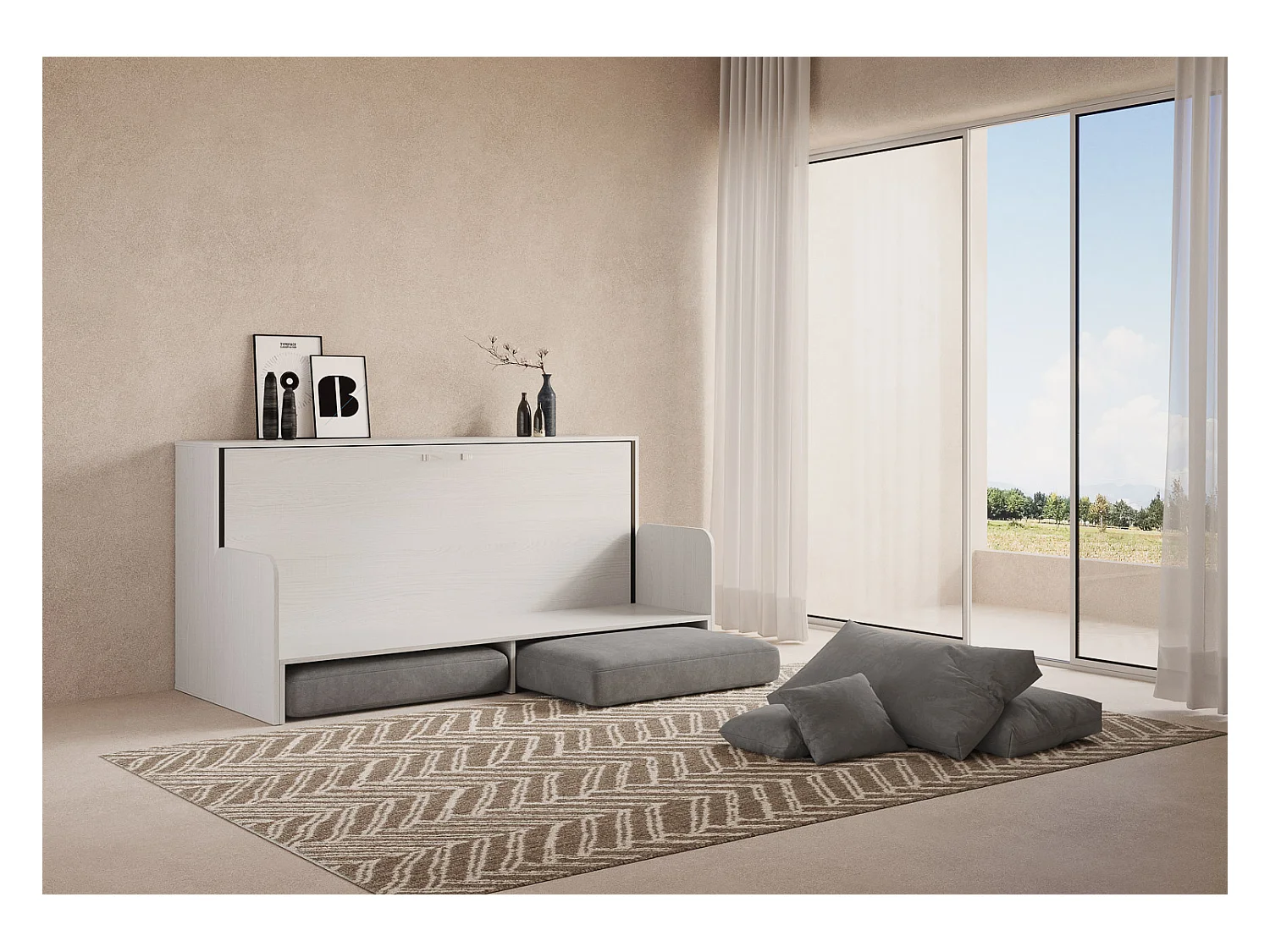 Armoire lit escamotable horizontal 1 couchage 85 Kando Sofa avec matelas Frêne Blanc -A20