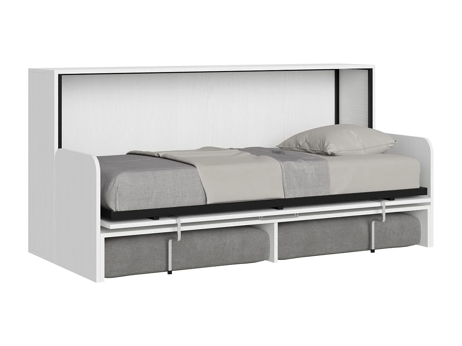 Cama de solteiro Kando com sofá branco de freixo, cinza