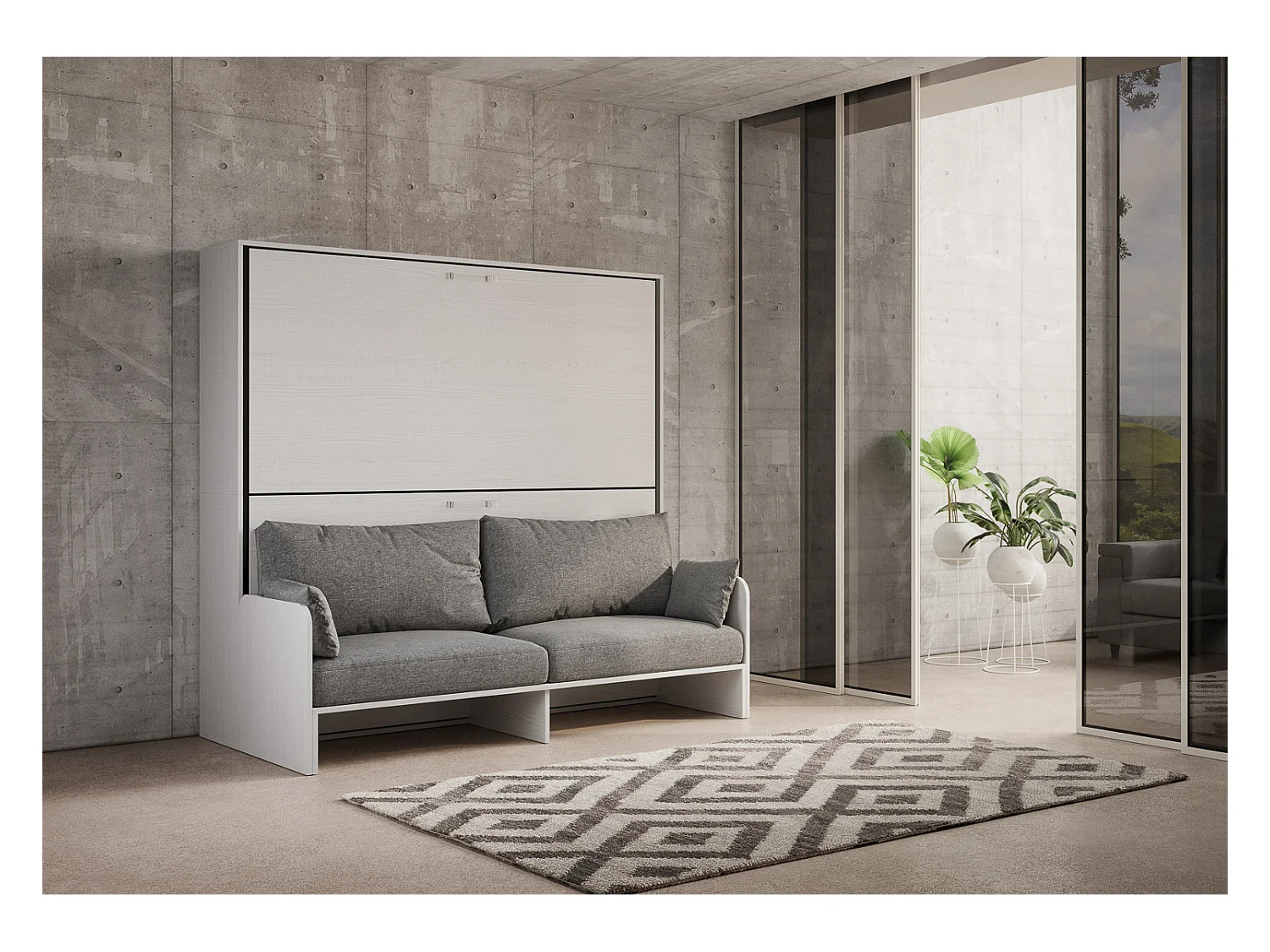 Armoire lit escamotable horizontal superposé 2 couchages 85 Kando Sofa avec matelas Frêne Blanc -A20