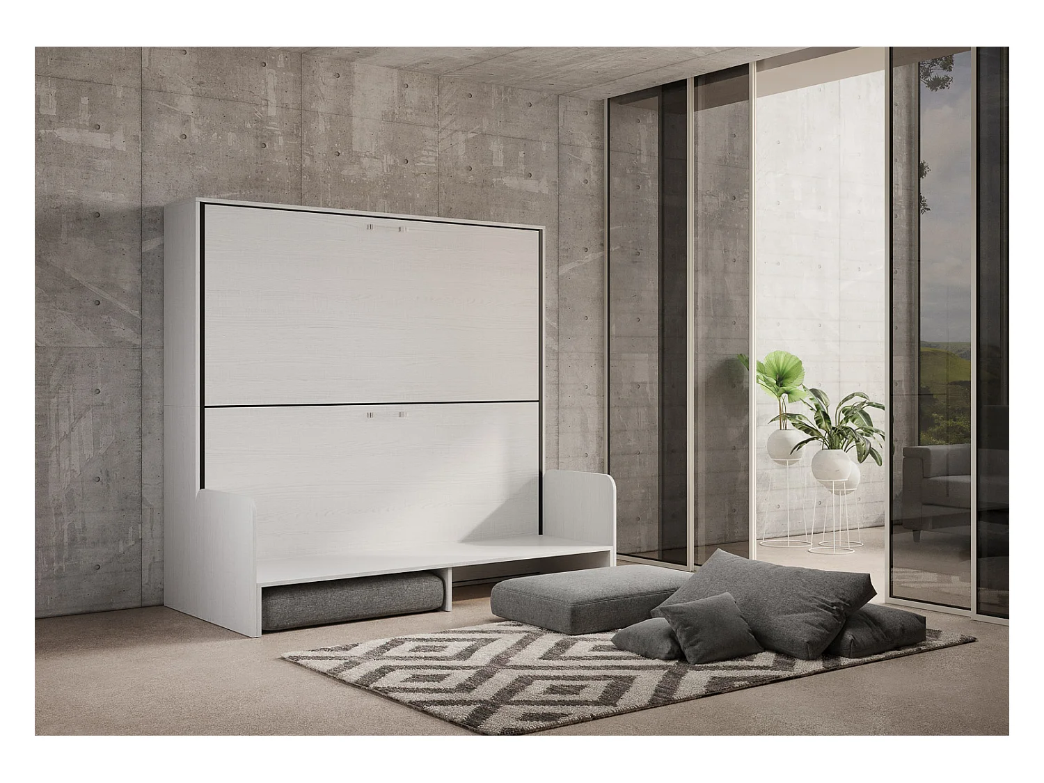 Armoire lit escamotable horizontal superposé 2 couchages 85 Kando Sofa avec matelas Frêne Blanc -A20