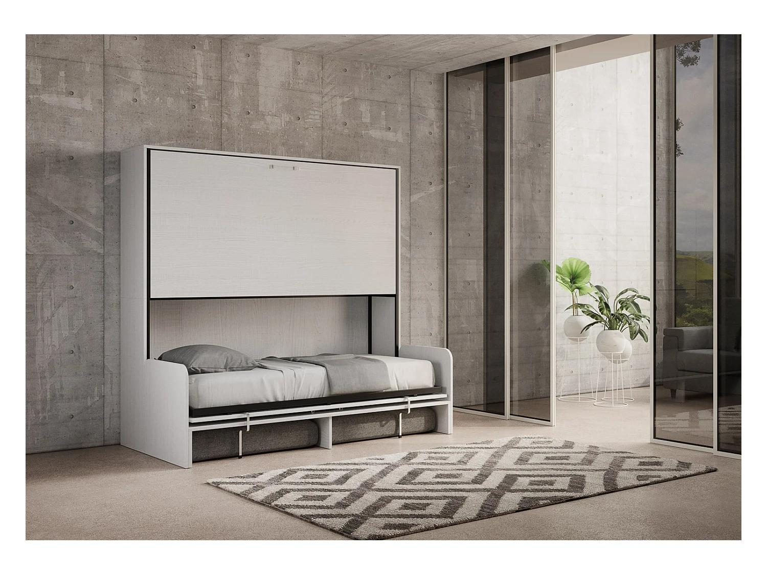 Armoire lit escamotable horizontal superposé 2 couchages 85 Kando Sofa avec matelas Frêne Blanc -A20