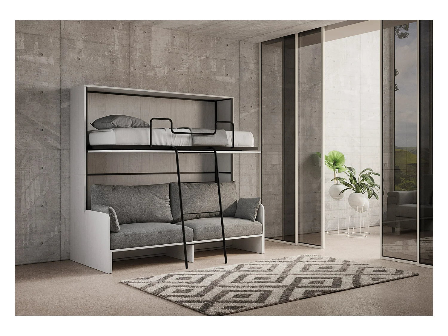 Armoire lit escamotable horizontal superposé 2 couchages 85 Kando Sofa avec matelas Frêne Blanc -A20