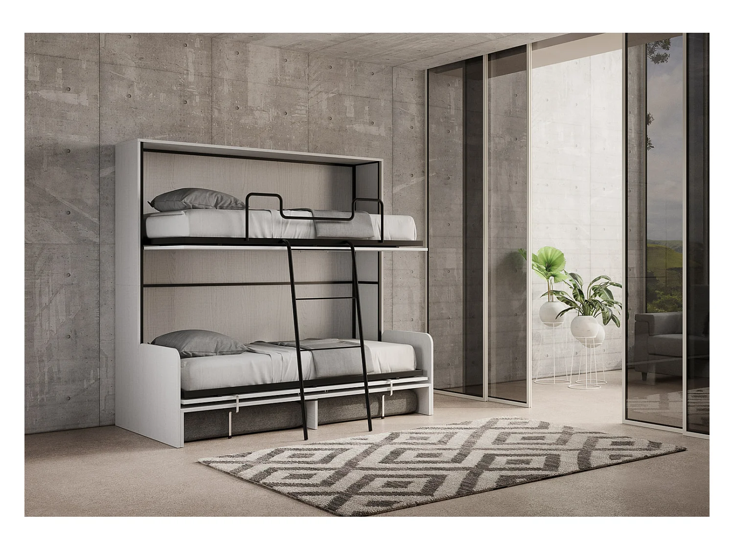 Armoire lit escamotable horizontal superposé 2 couchages 85 Kando Sofa avec matelas Frêne Blanc -A20
