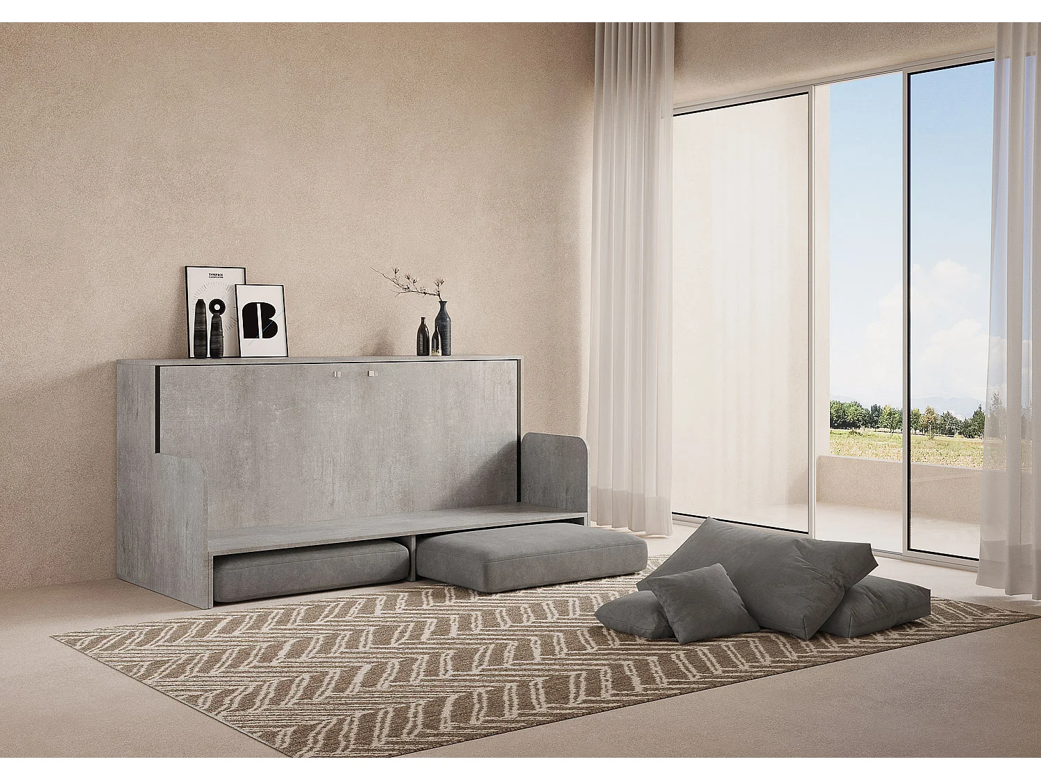 Cama de solteiro Kando com sofá-cama e colchão de cimento, cinza