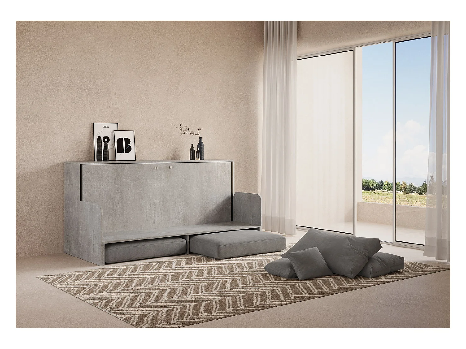 Kando eenpersoonsbed met slaapbank en cementmatras, grijs