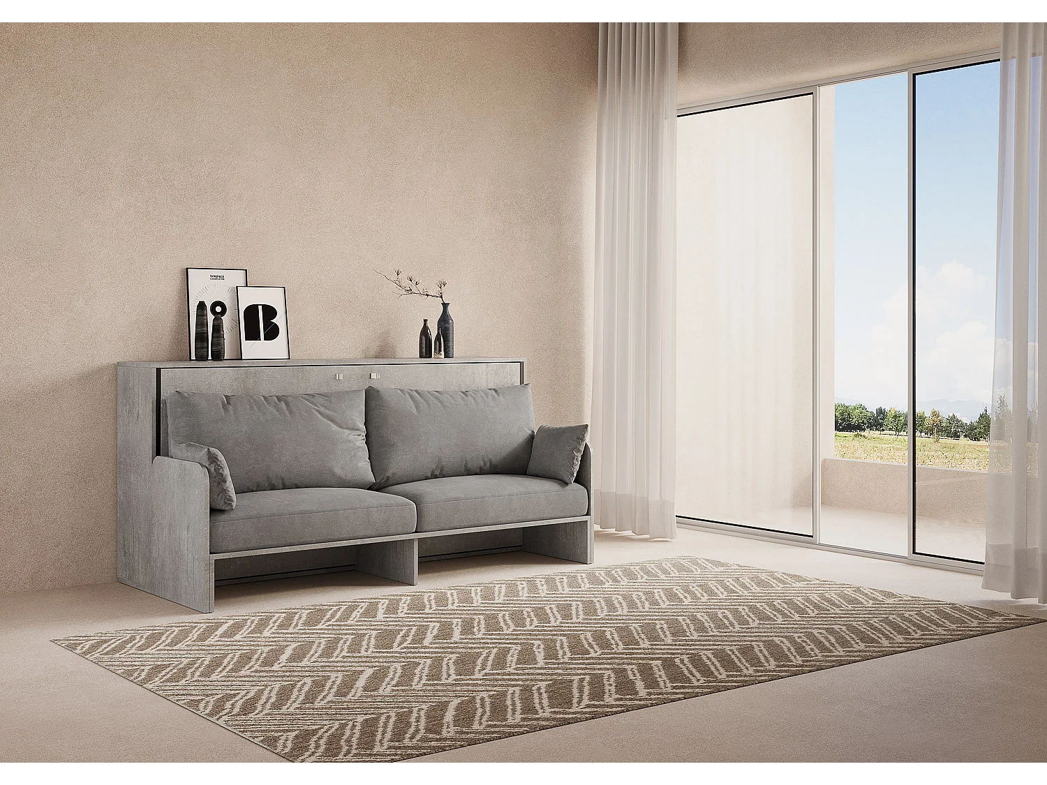 Armoire lit escamotable horizontal 1 couchage 85 Kando Sofa avec matelas Gris Béton -A20