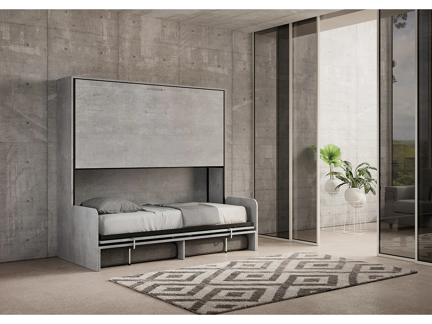 Armoire lit escamotable horizontal superposé 2 couchages 85 Kando Sofa avec matelas Gris Béton -A20