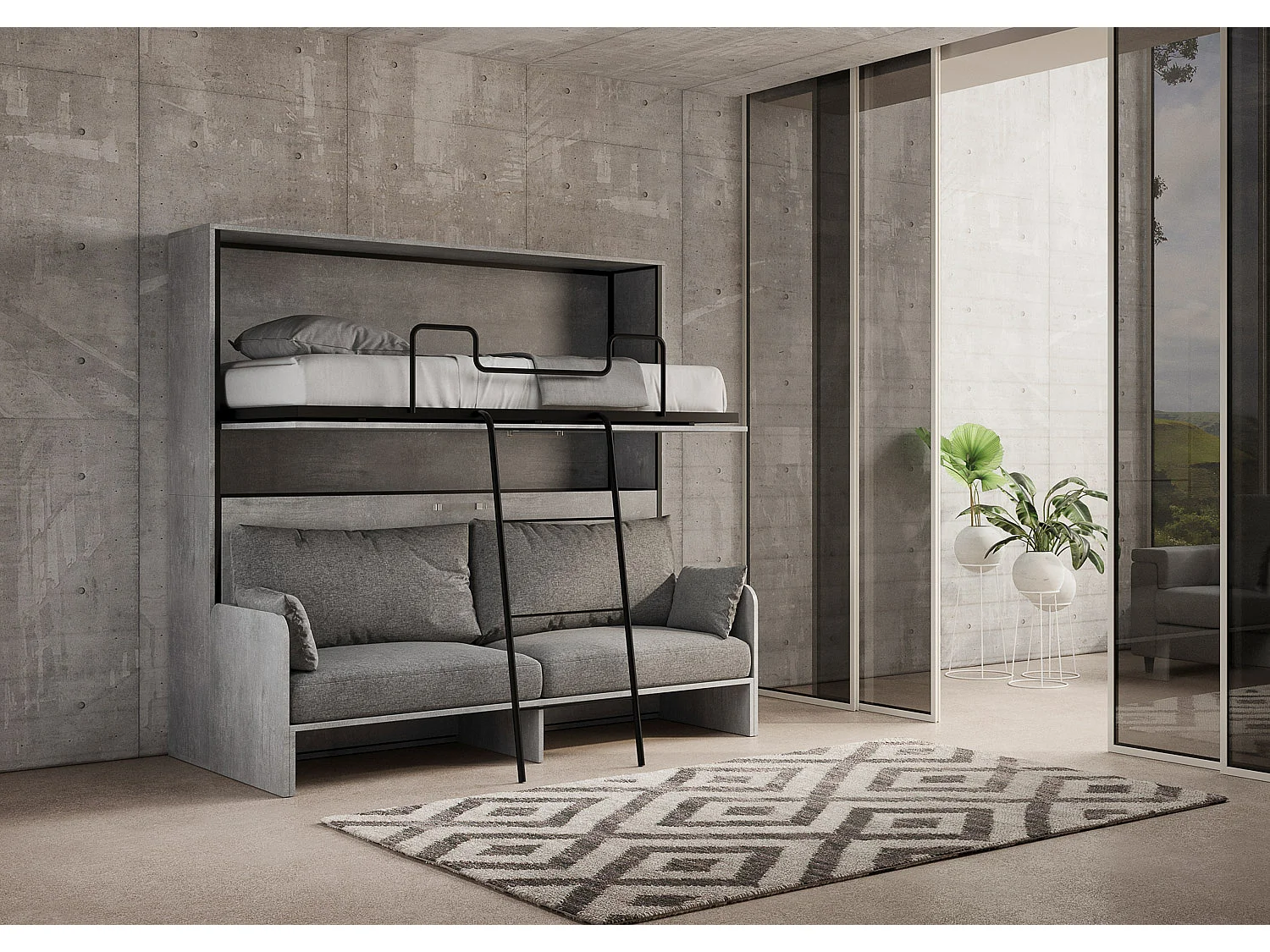 Armoire lit escamotable horizontal superposé 2 couchages 85 Kando Sofa avec matelas Gris Béton -A20