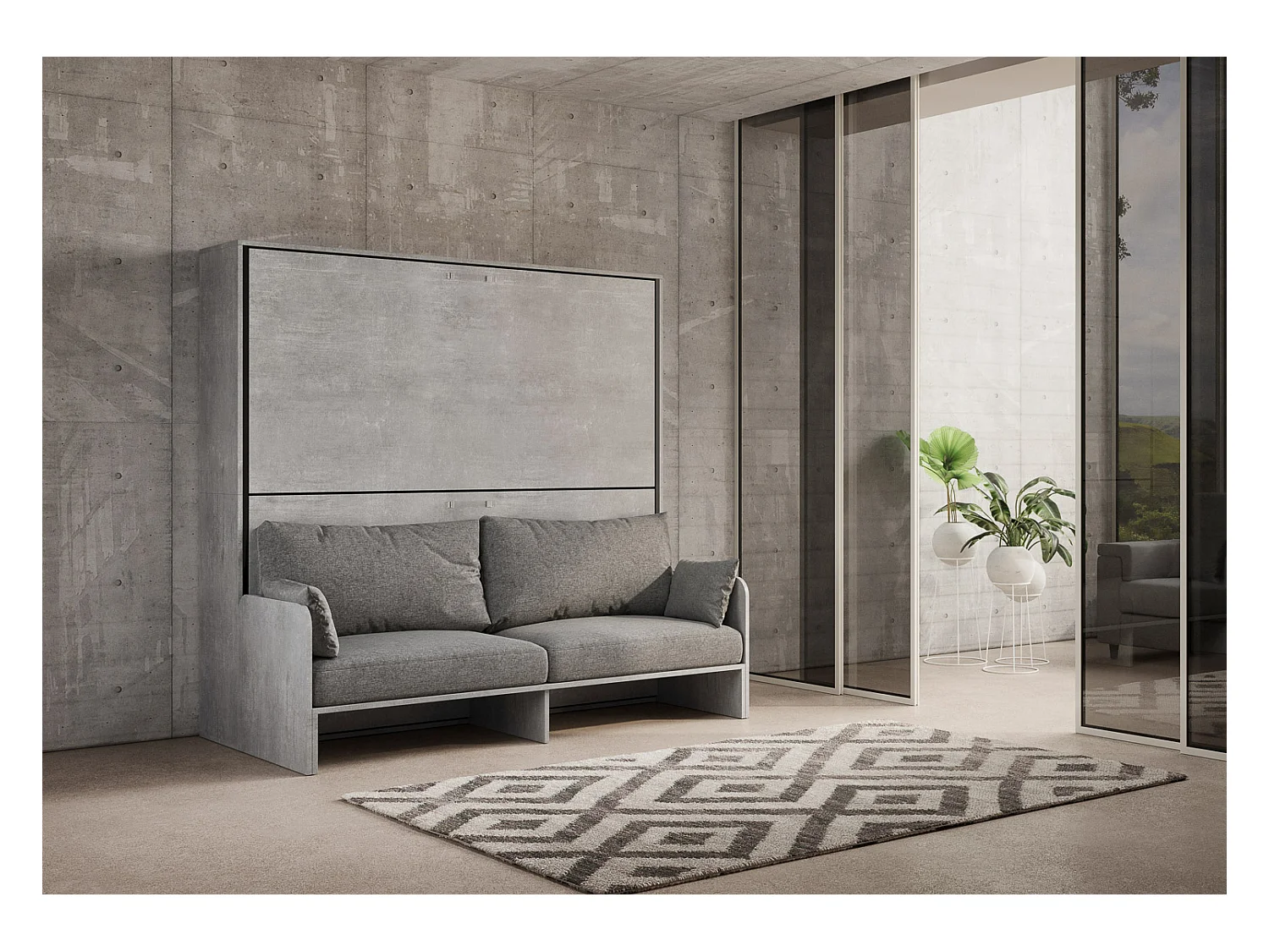 Kando Doppel-Schrankbett mit Betonsofa, grau