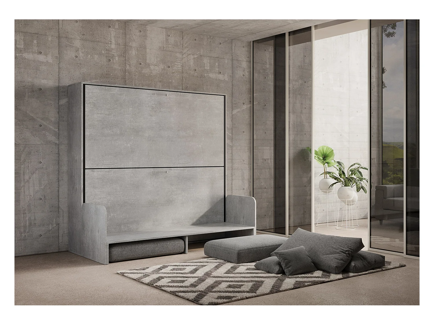 Kando Doppel-Schrankbett mit Betonsofa, grau