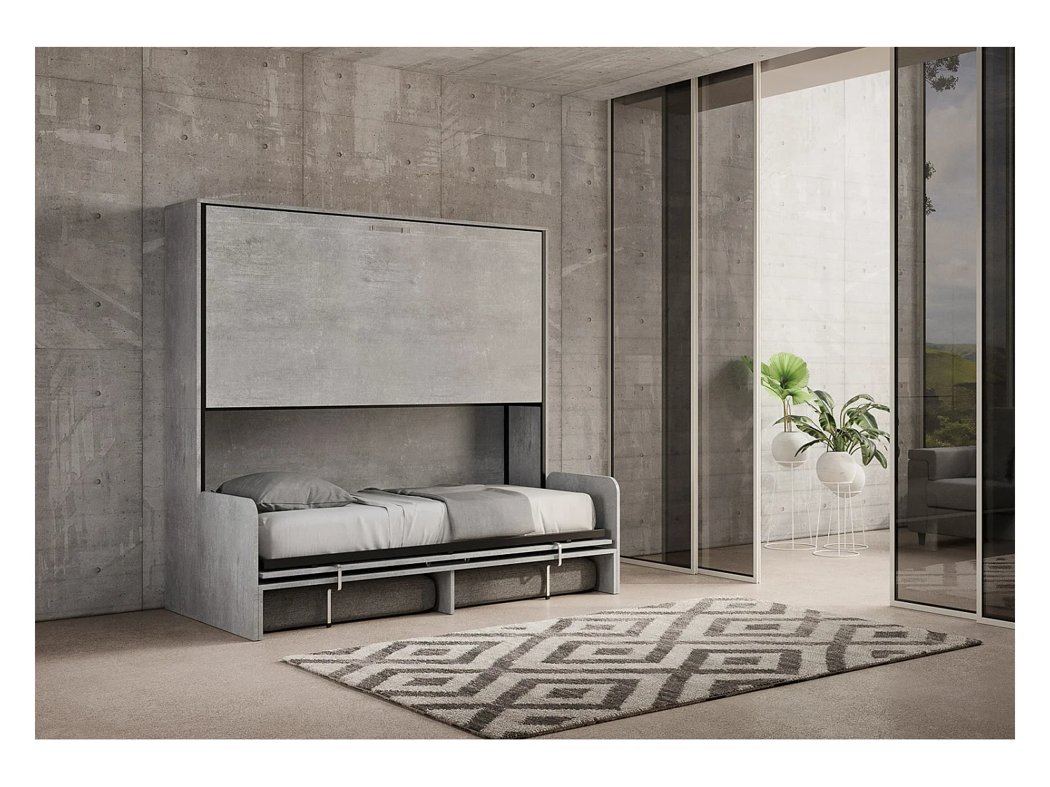 Kando Doppel-Schrankbett mit Betonsofa, grau