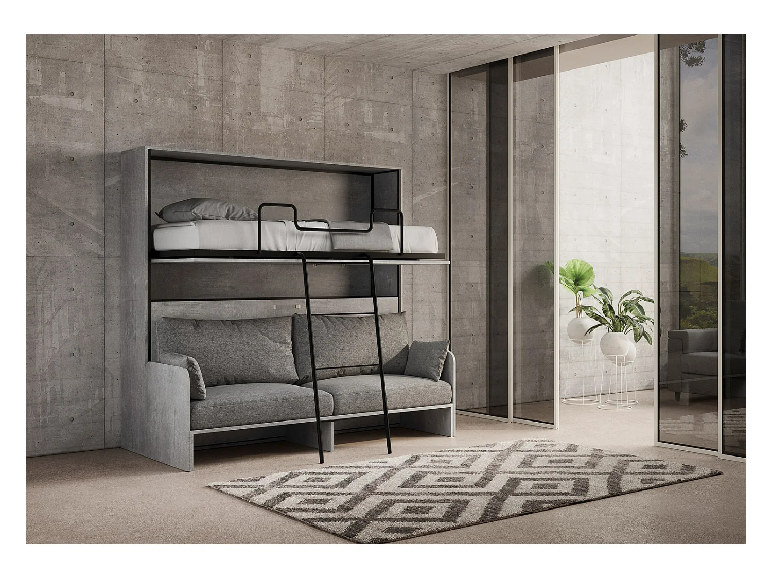 Kando Doppel-Schrankbett mit Betonsofa, grau