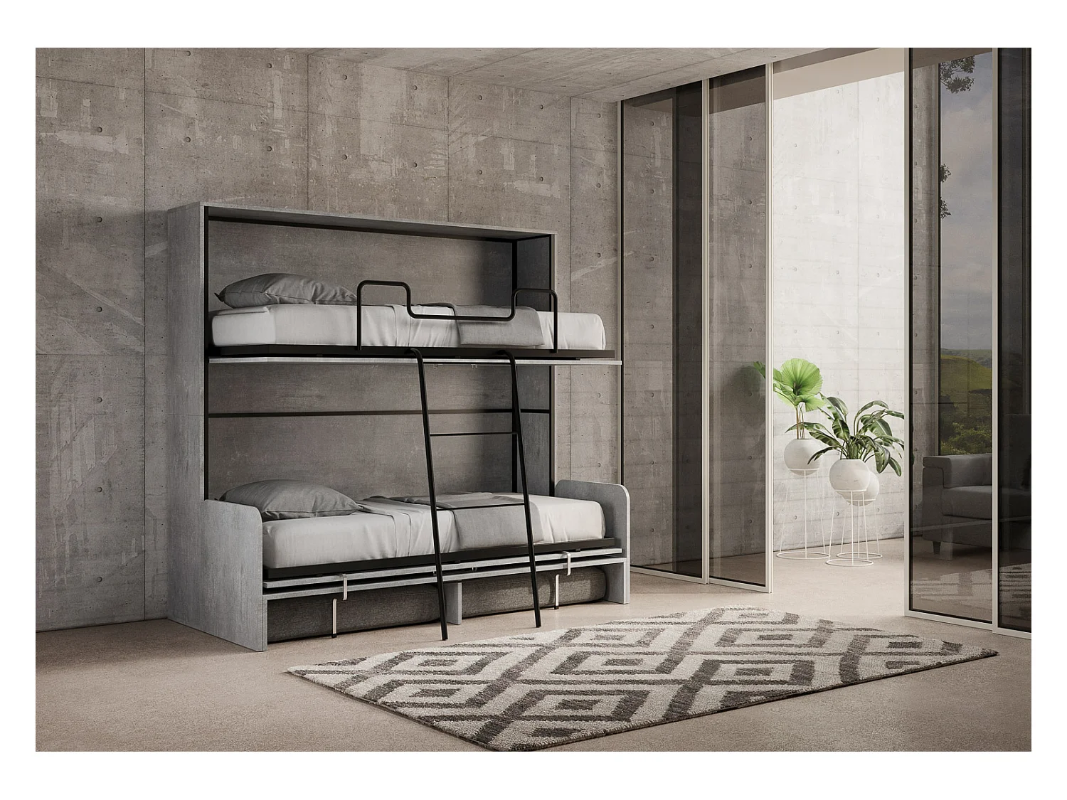 Kando Doppel-Schrankbett mit Betonsofa, grau